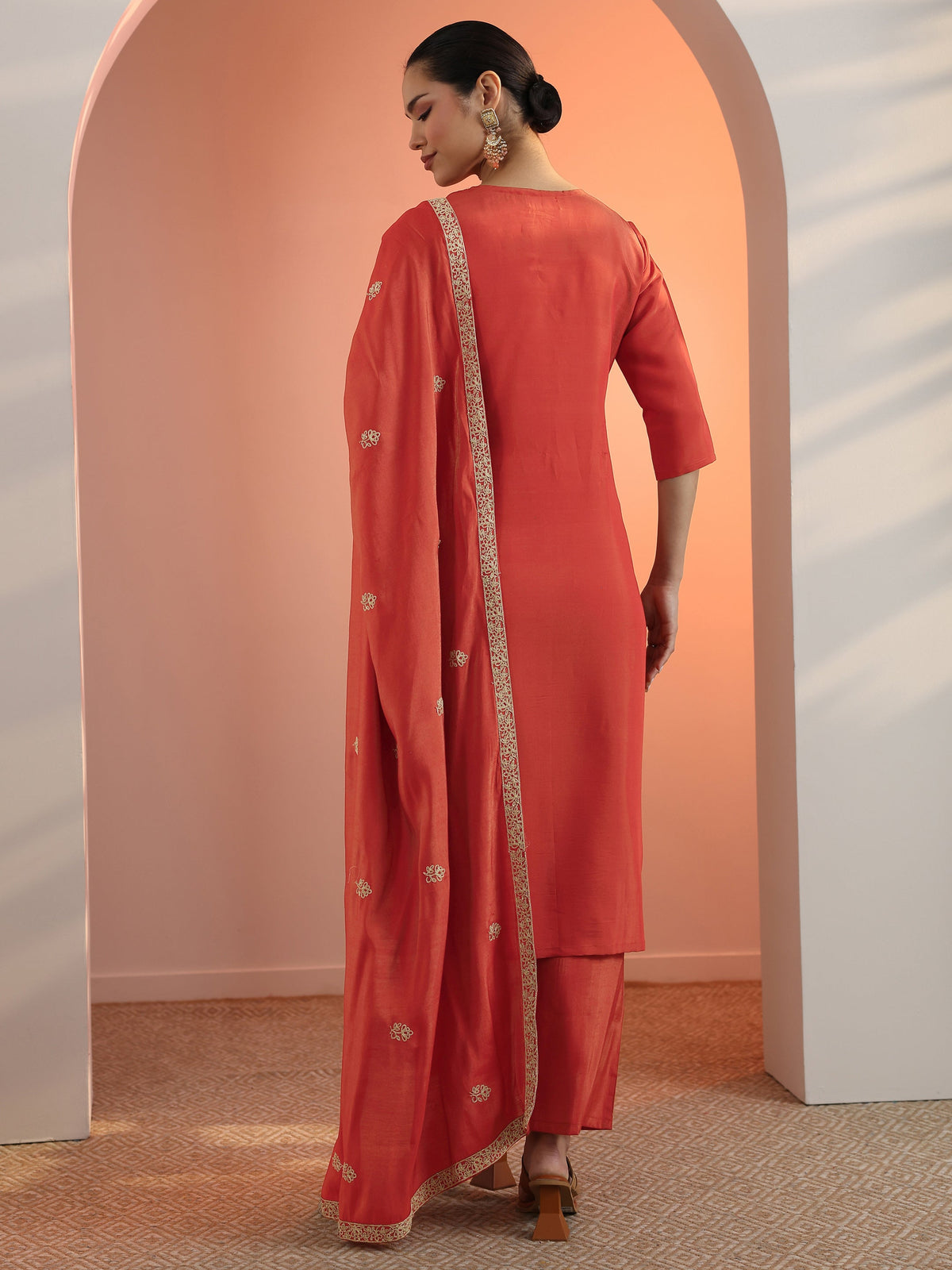 Anouk Rust Embroidered Silk Blend Straight Suit Set With Dupatta