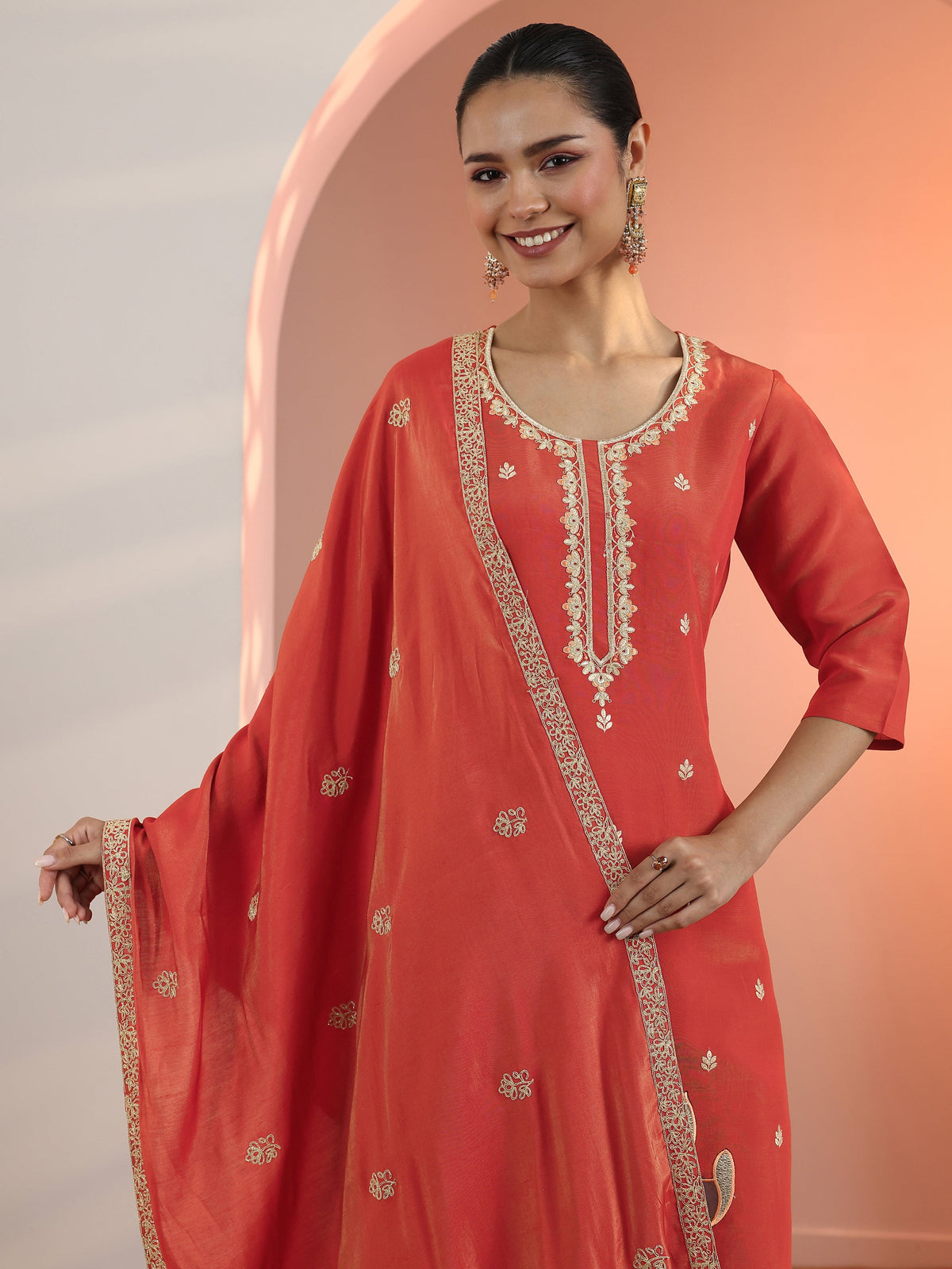 Anouk Rust Embroidered Silk Blend Straight Suit Set With Dupatta