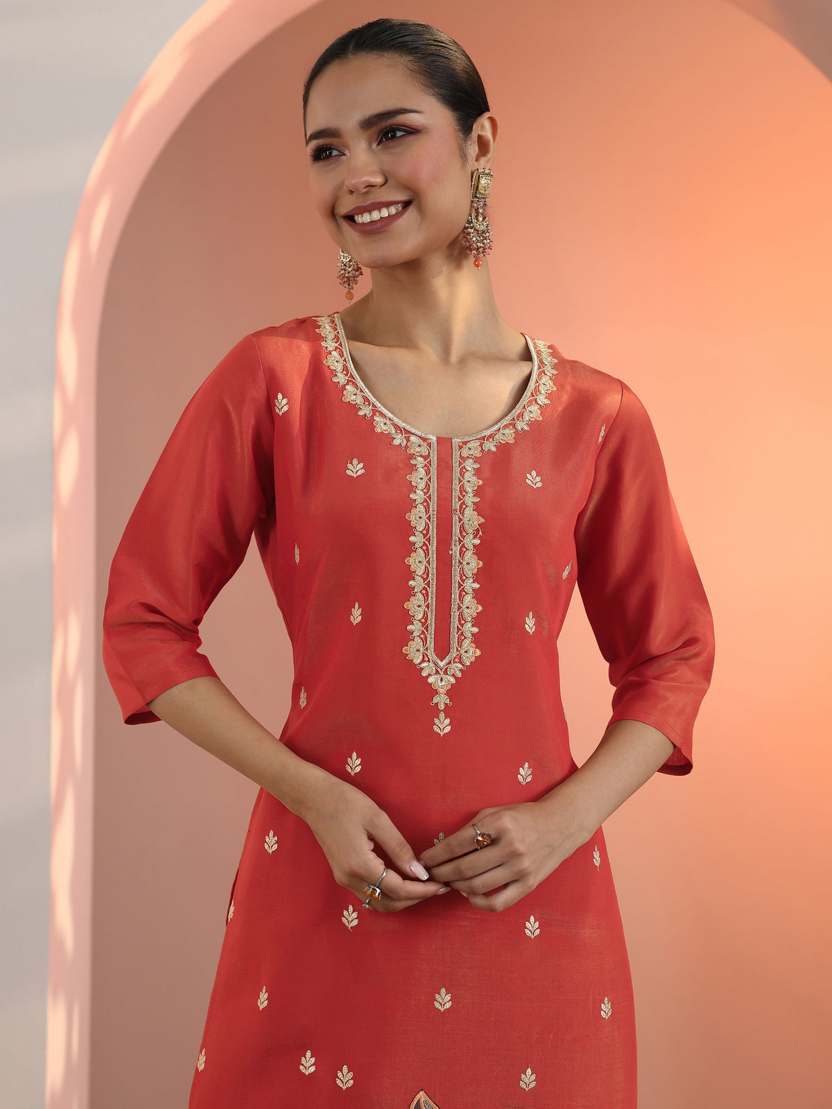 Anouk Rust Embroidered Silk Blend Straight Suit Set With Dupatta
