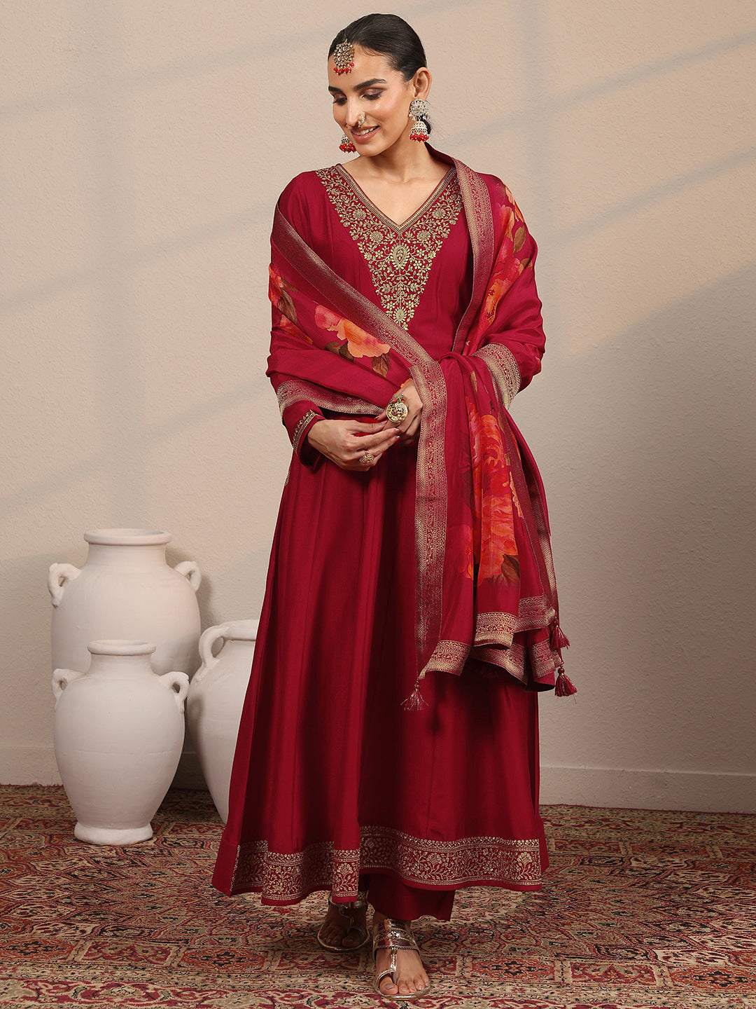 Anouk Red Yoke Design Silk Blend Anarkali Suit Set With Dupatta
