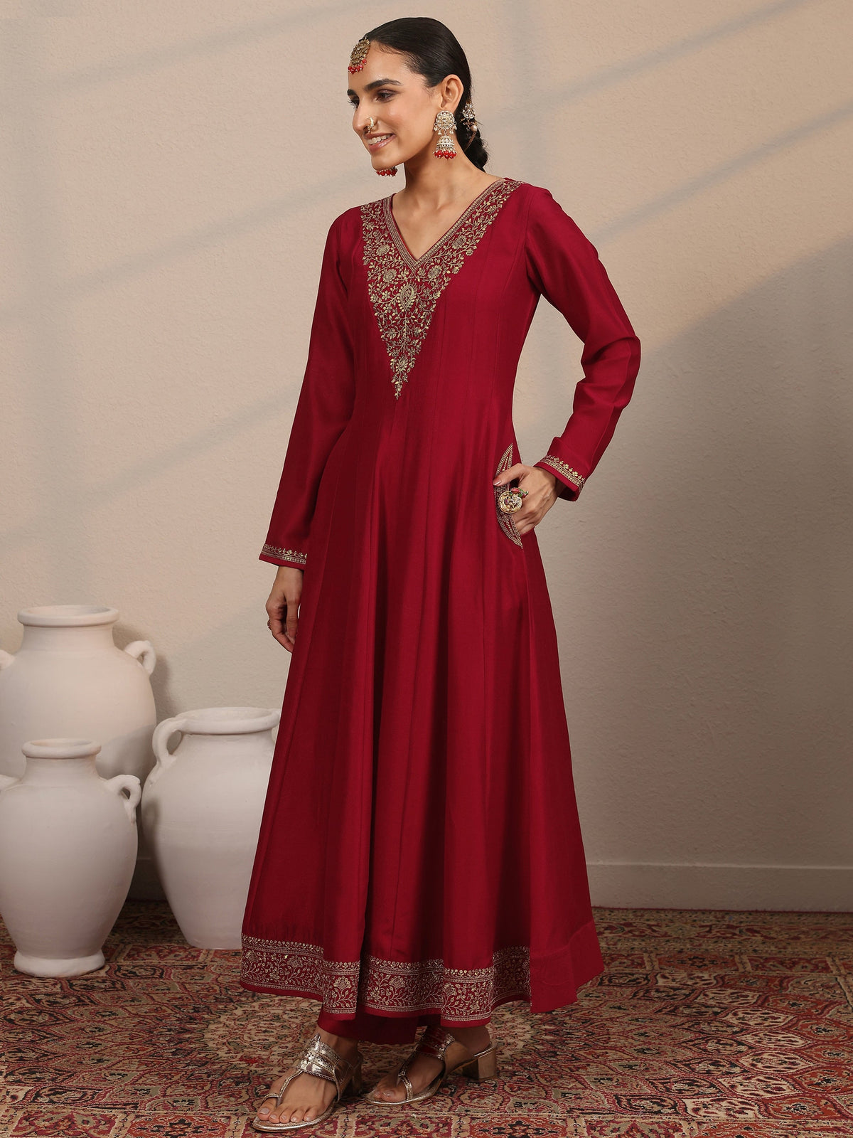 Anouk Red Yoke Design Silk Blend Anarkali Suit Set With Dupatta