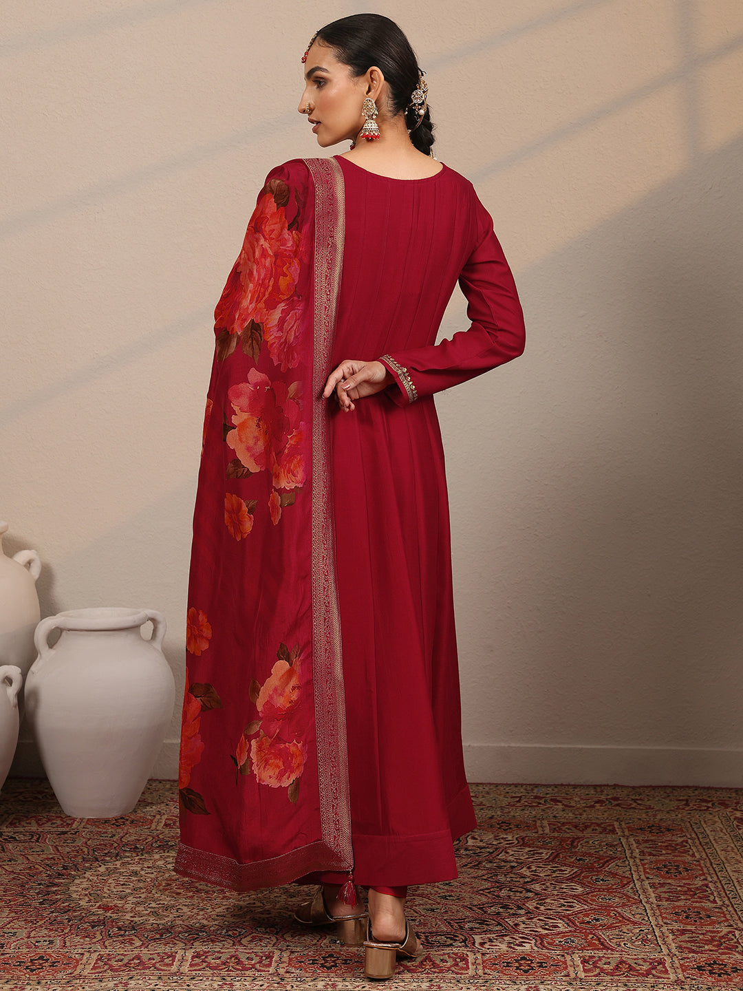 Anouk Red Yoke Design Silk Blend Anarkali Suit Set With Dupatta