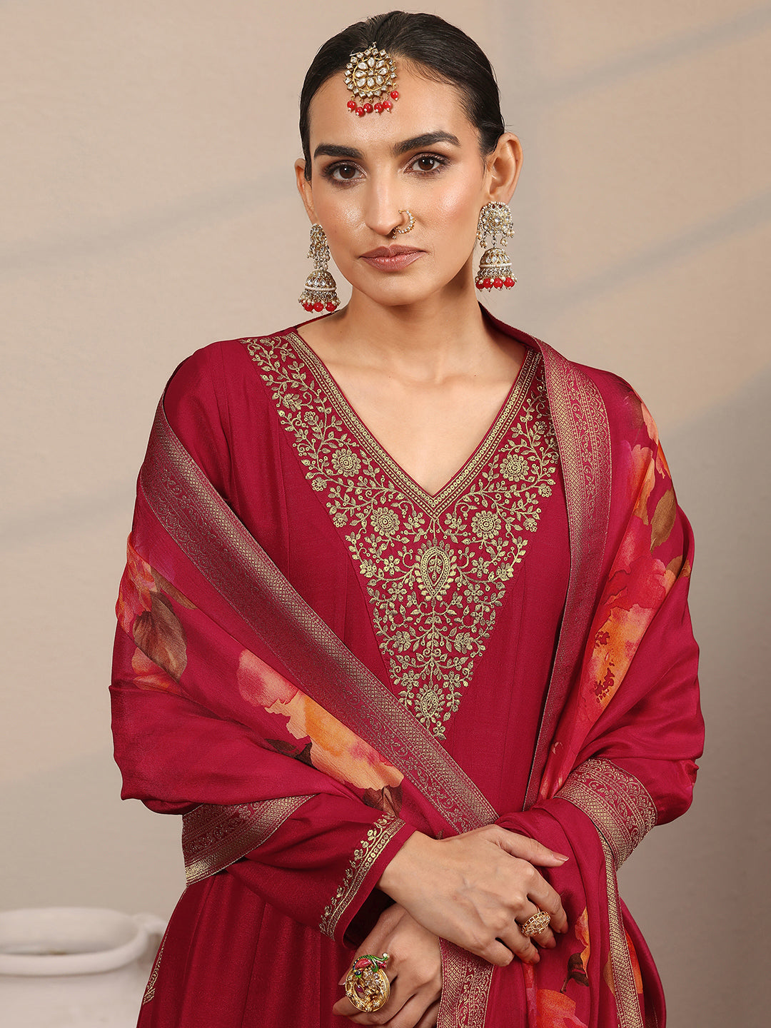 Anouk Red Yoke Design Silk Blend Anarkali Suit Set With Dupatta