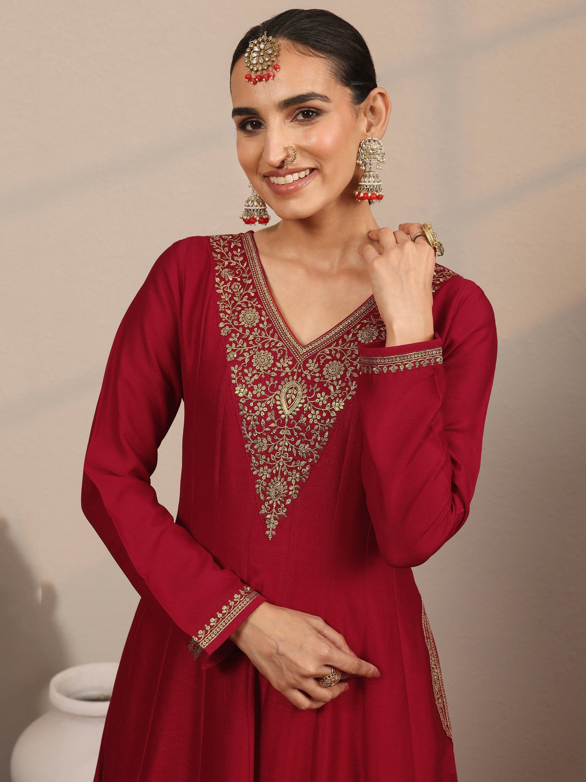 Anouk Red Yoke Design Silk Blend Anarkali Suit Set With Dupatta