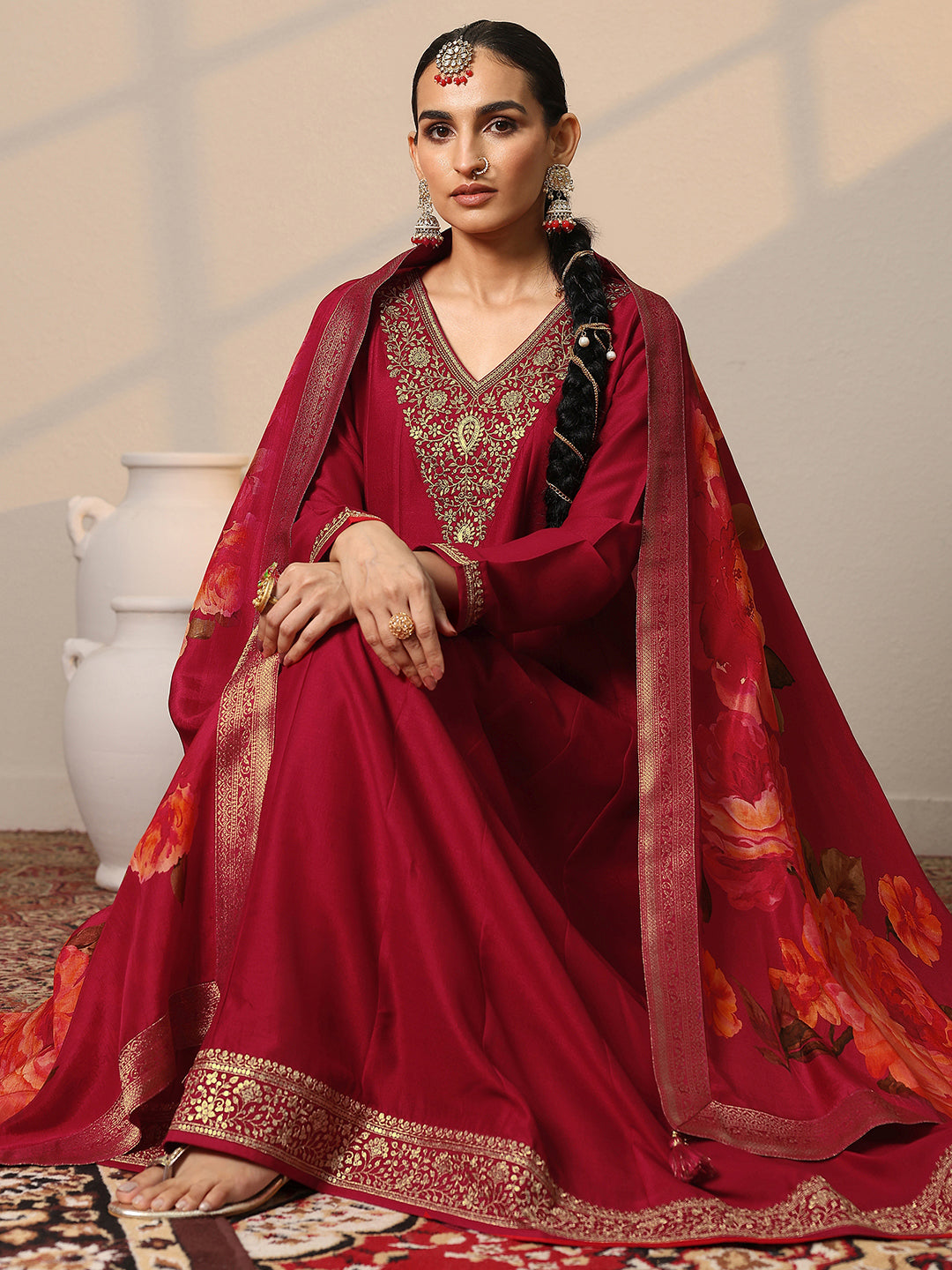 Anouk Red Yoke Design Silk Blend Anarkali Suit Set With Dupatta