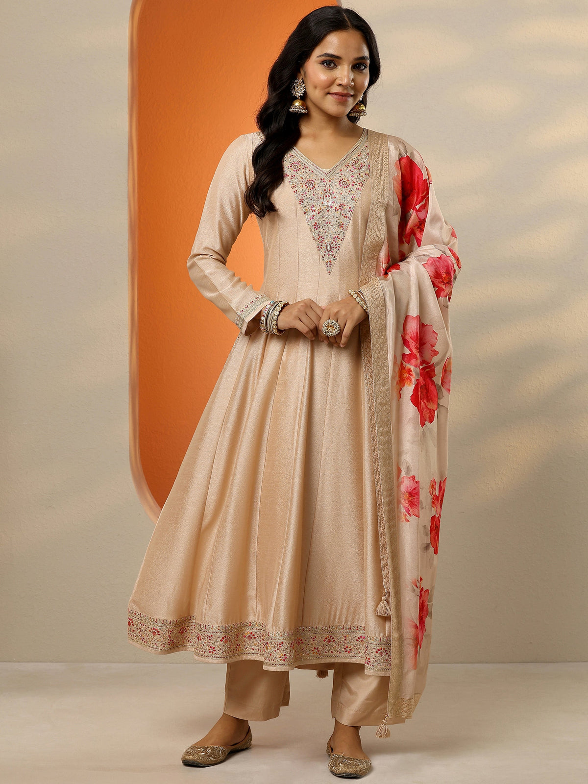 Anouk Beige Embroidered Silk Blend Anarkali Suit Set With Dupatta
