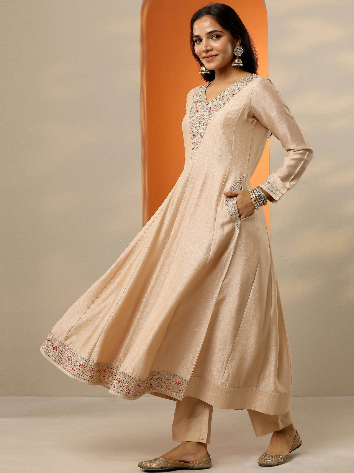 Anouk Beige Embroidered Silk Blend Anarkali Suit Set With Dupatta