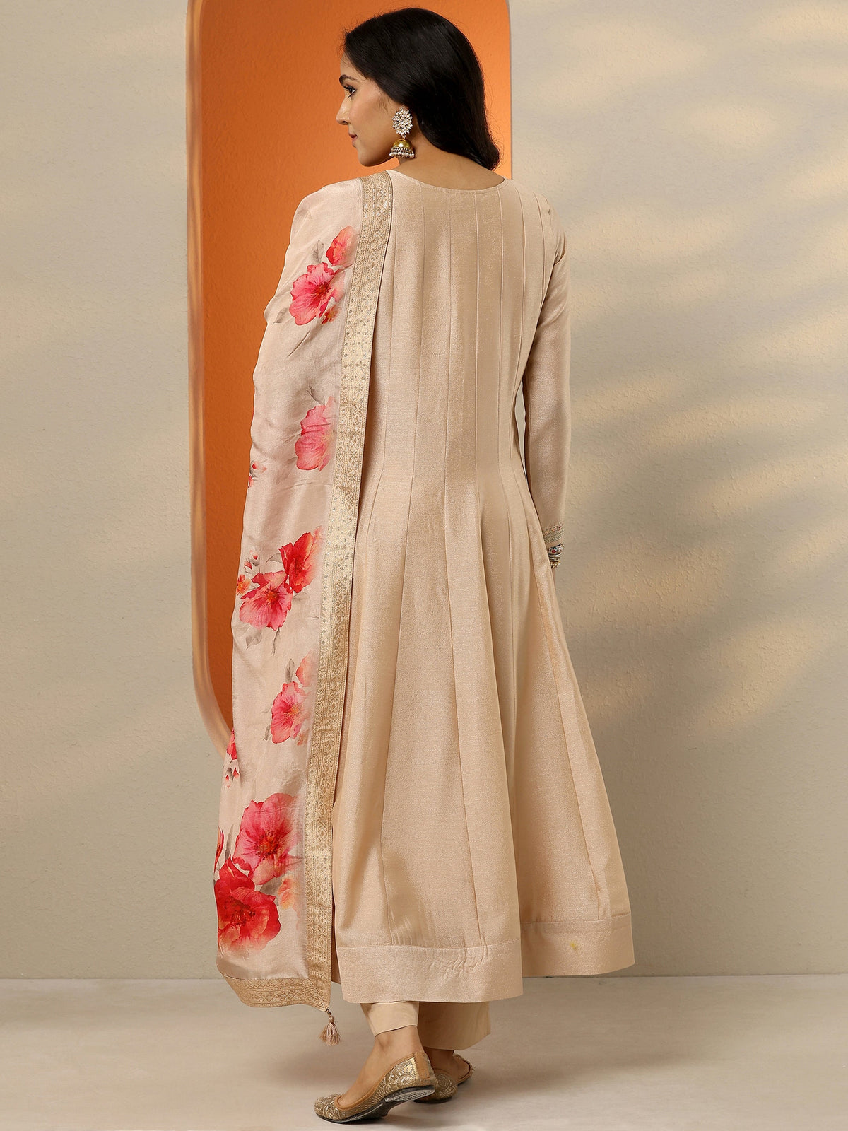 Anouk Beige Embroidered Silk Blend Anarkali Suit Set With Dupatta