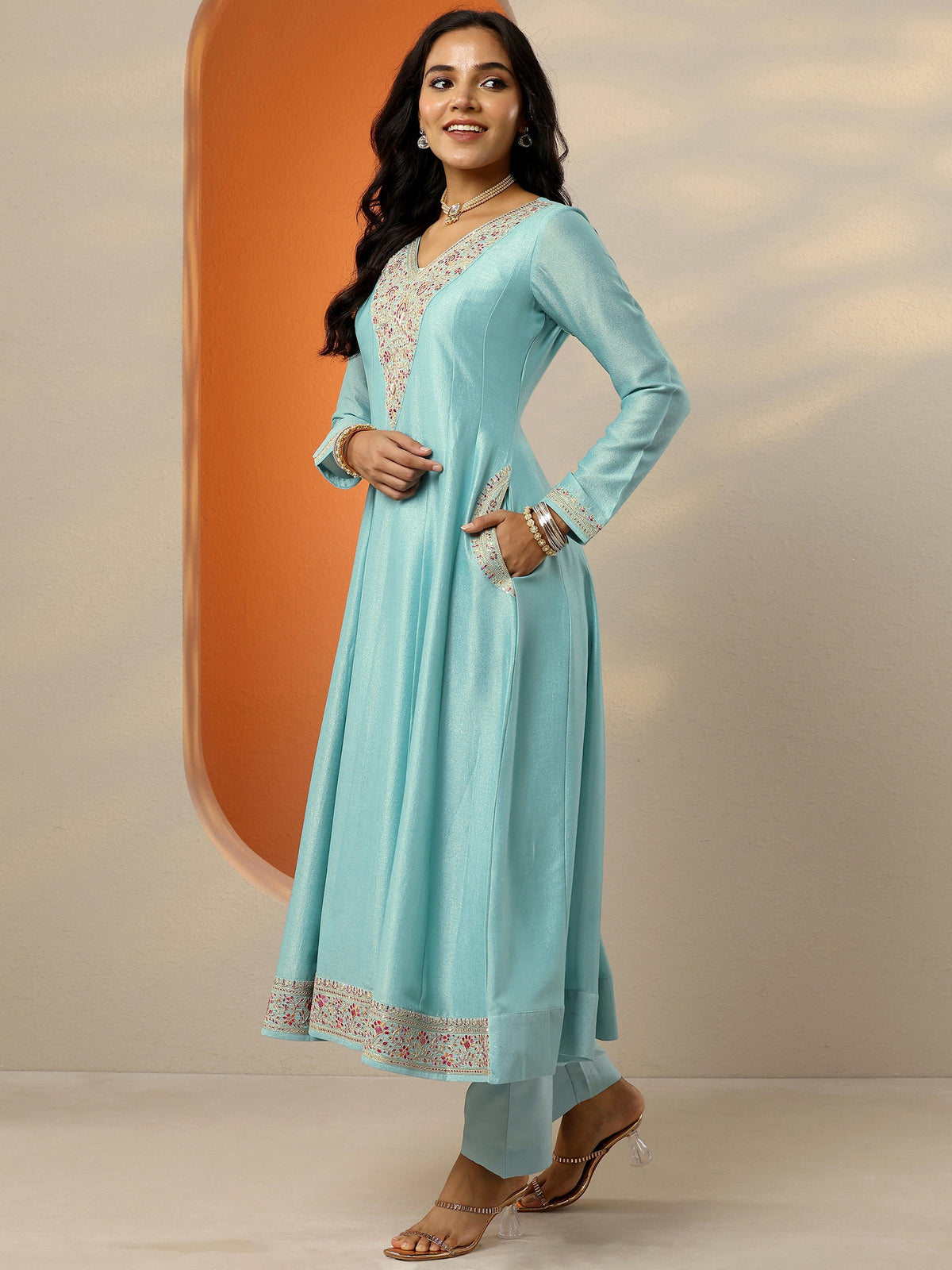 Anouk Blue Embroidered Silk Blend Anarkali Suit Set With Dupatta