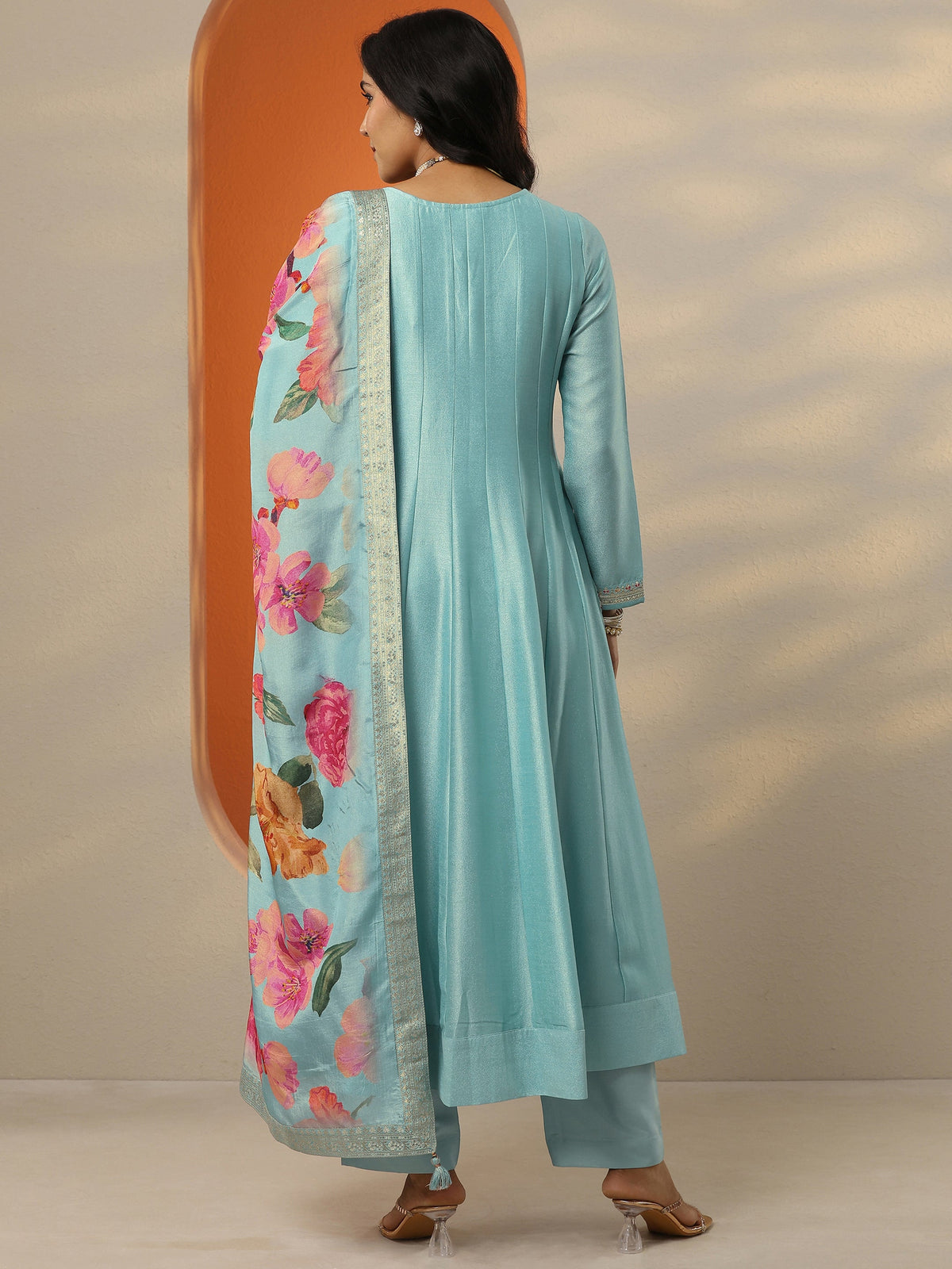 Anouk Blue Embroidered Silk Blend Anarkali Suit Set With Dupatta