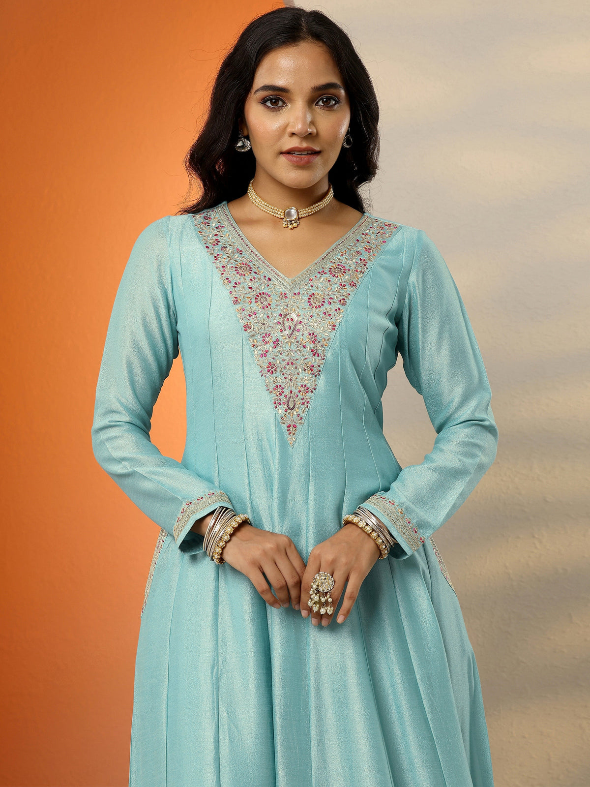 Anouk Blue Embroidered Silk Blend Anarkali Suit Set With Dupatta