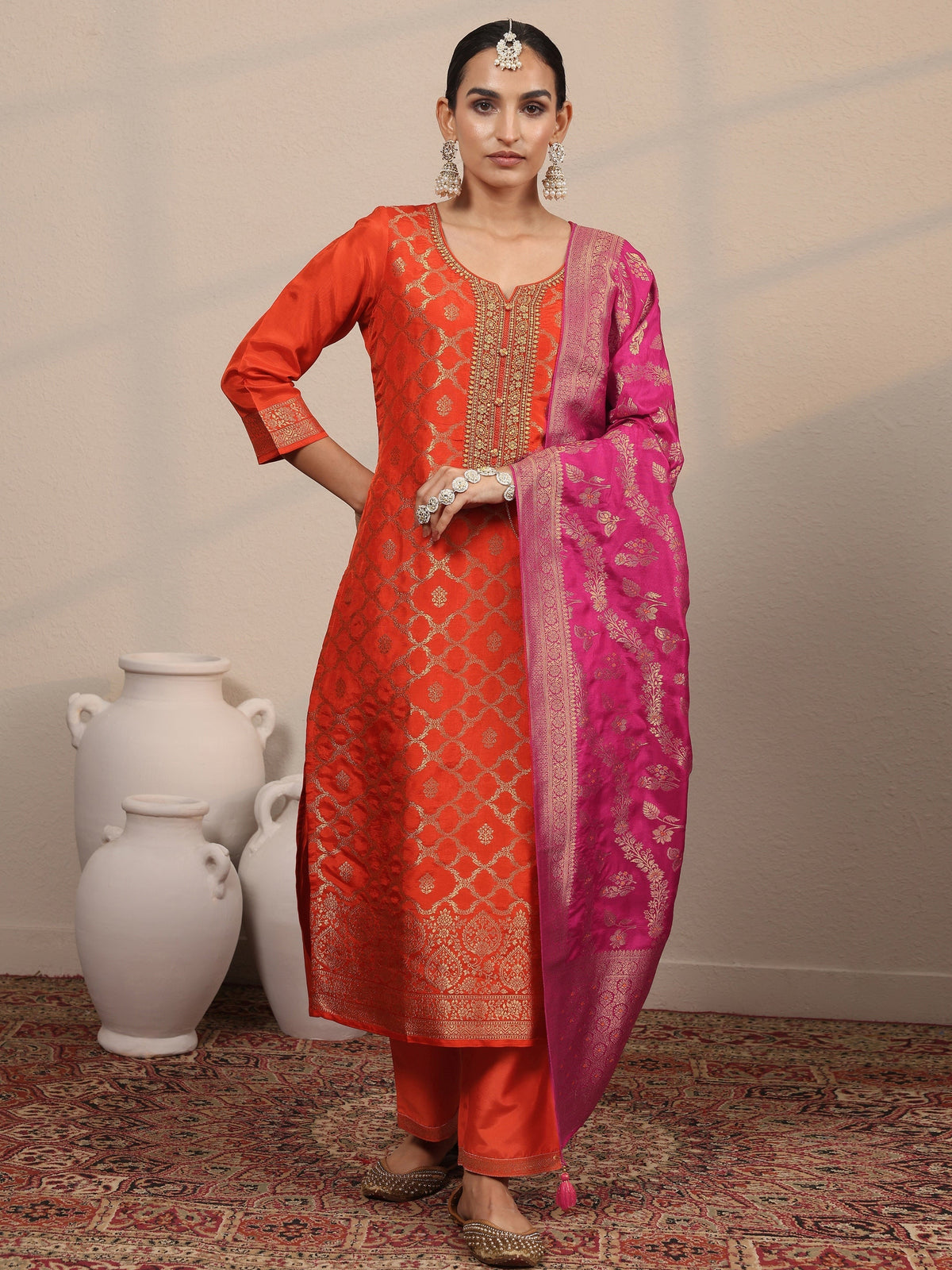 Anouk Orange Woven Design Silk Blend Straight Suit Set With Dupatta