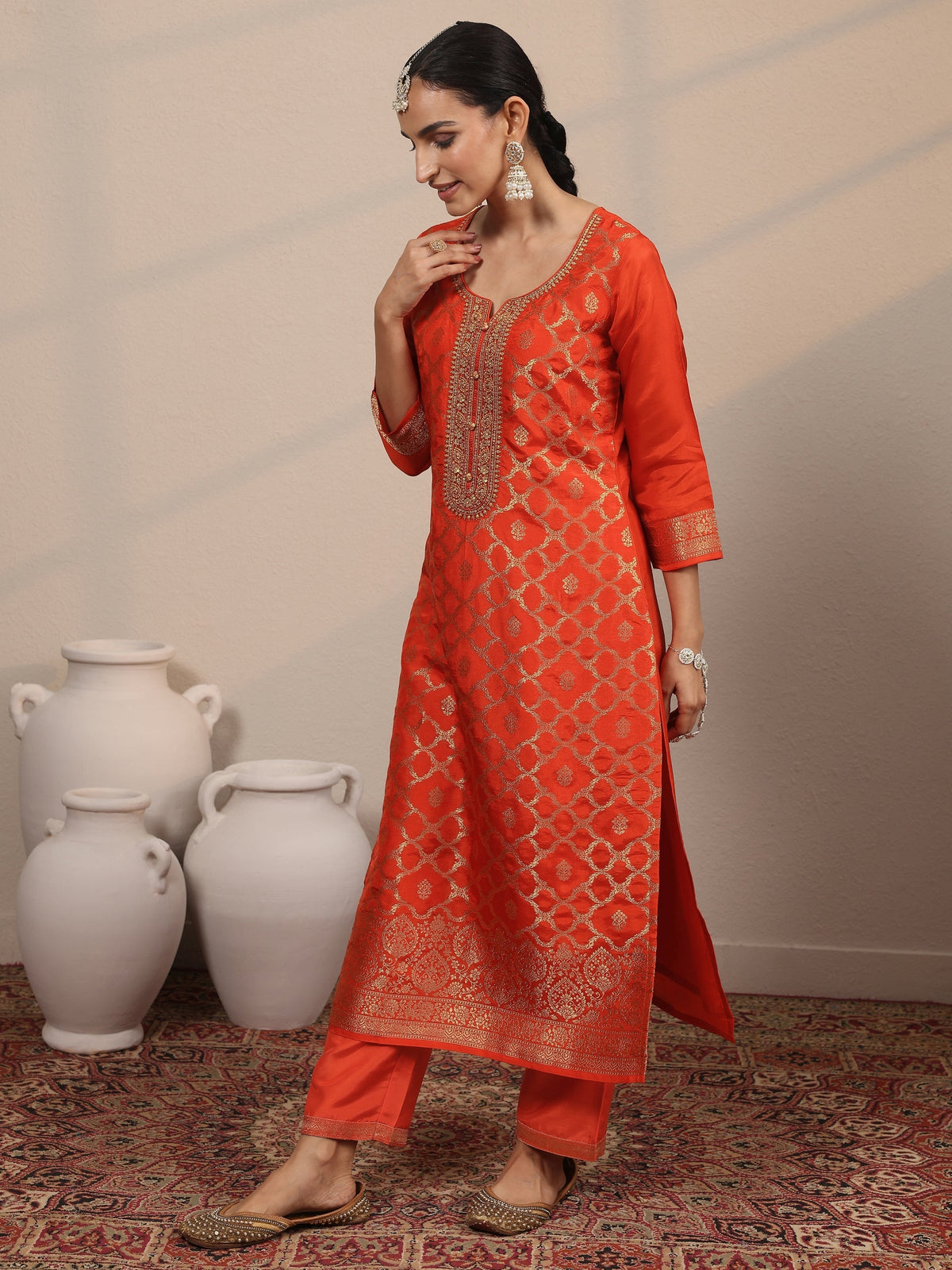 Anouk Orange Woven Design Silk Blend Straight Suit Set With Dupatta