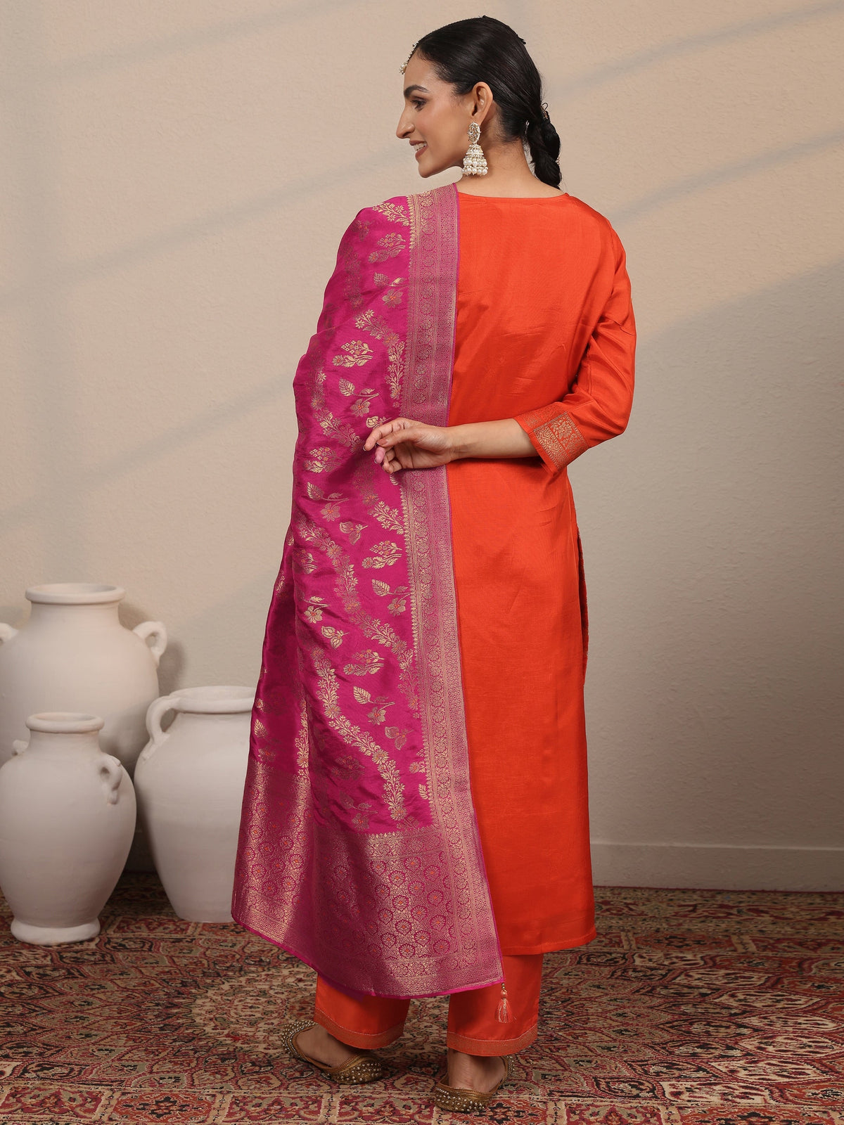 Anouk Orange Woven Design Silk Blend Straight Suit Set With Dupatta