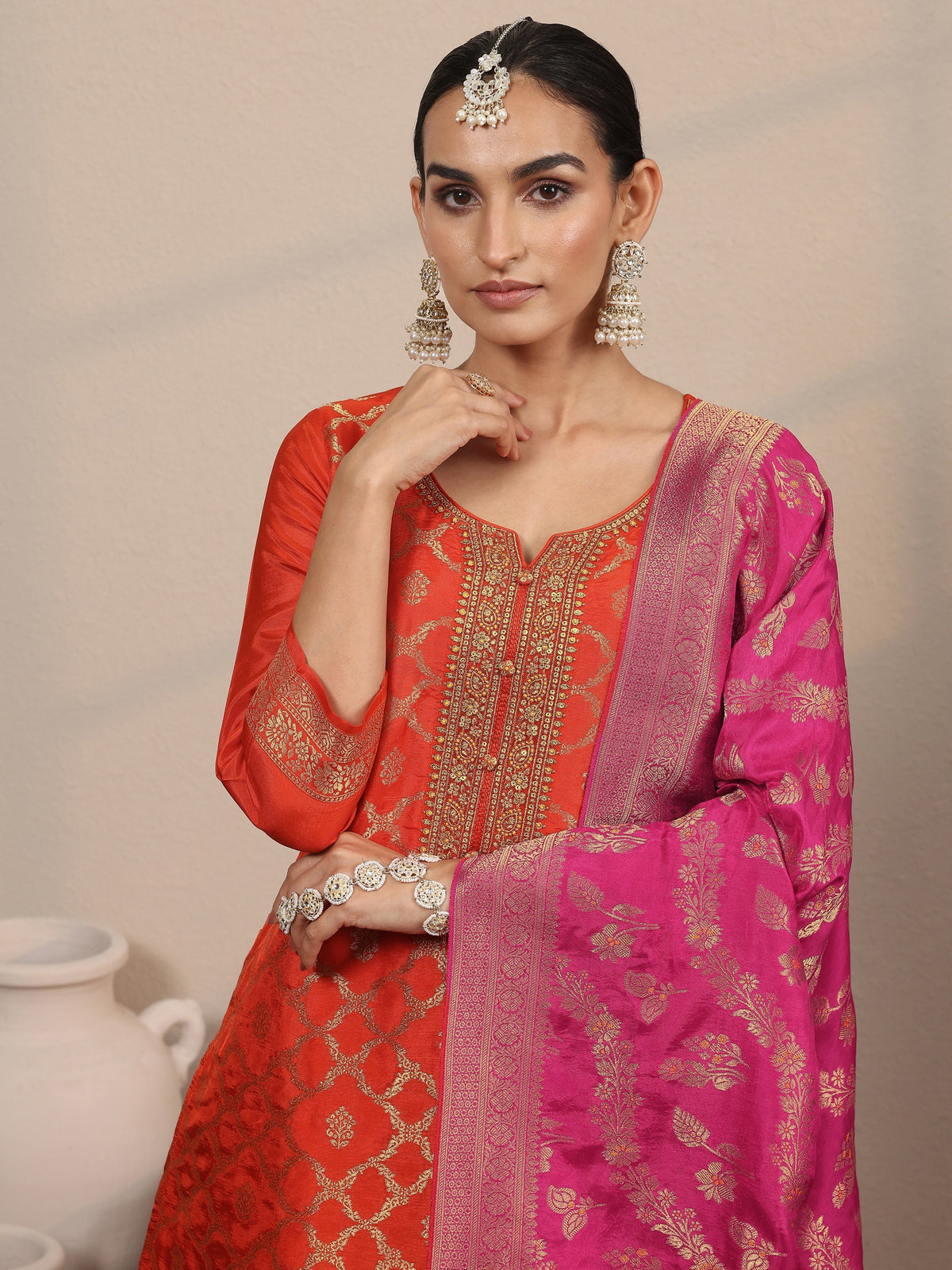 Anouk Orange Woven Design Silk Blend Straight Suit Set With Dupatta