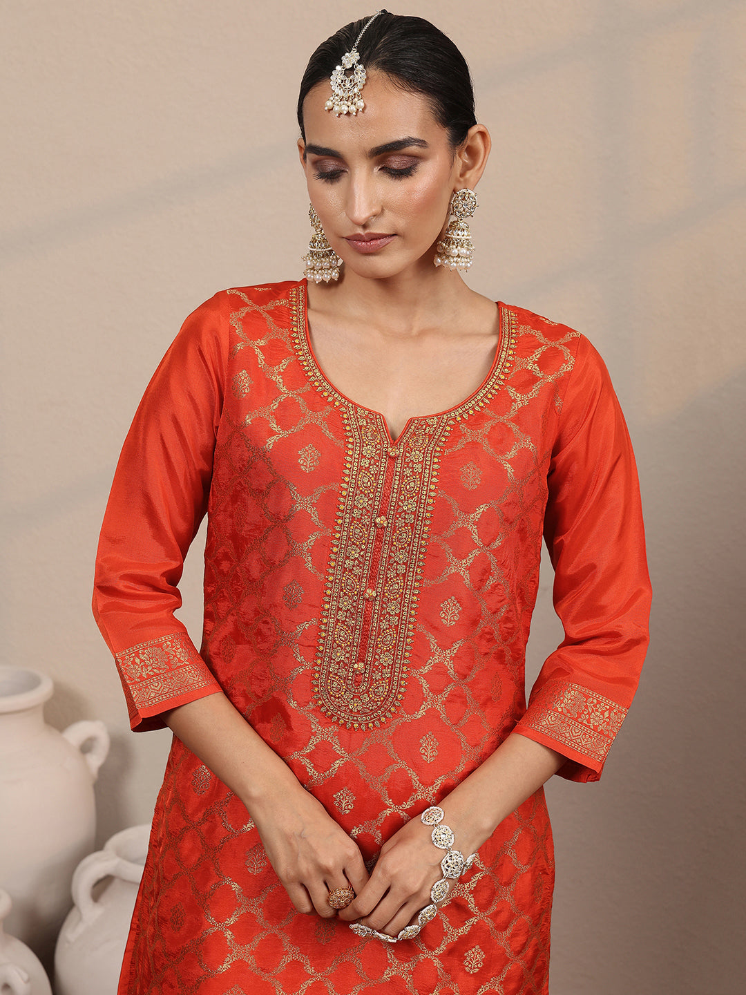 Anouk Orange Woven Design Silk Blend Straight Suit Set With Dupatta