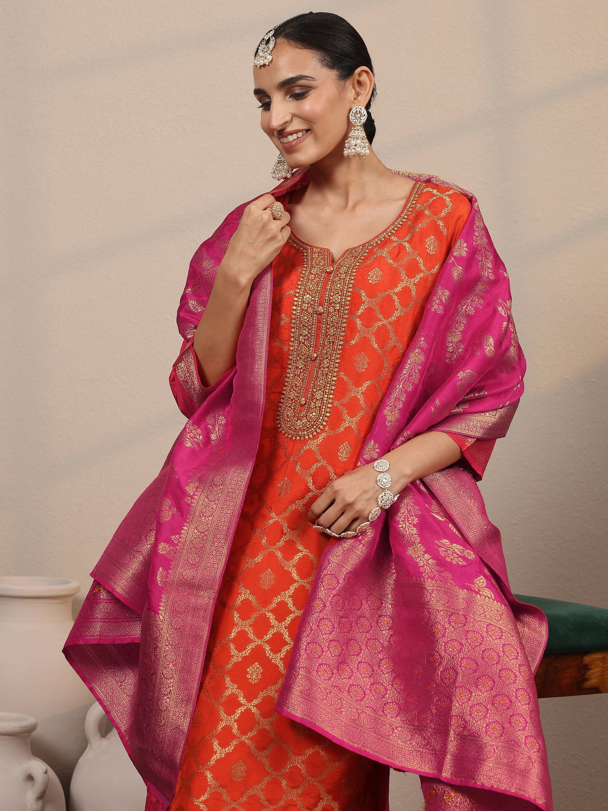 Anouk Orange Woven Design Silk Blend Straight Suit Set With Dupatta
