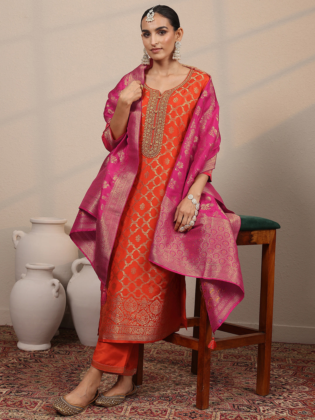 Anouk Orange Woven Design Silk Blend Straight Suit Set With Dupatta