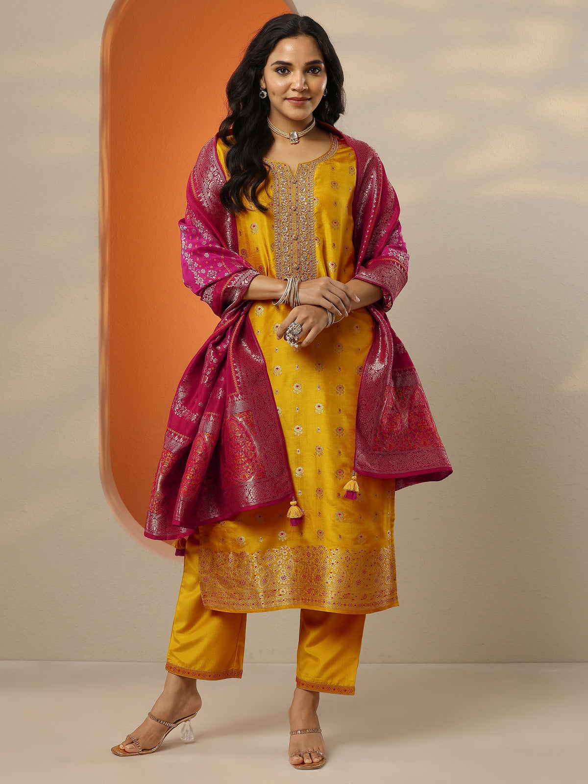 Anouk Mustard Woven Design Silk Blend Straight Suit Set With Dupatta