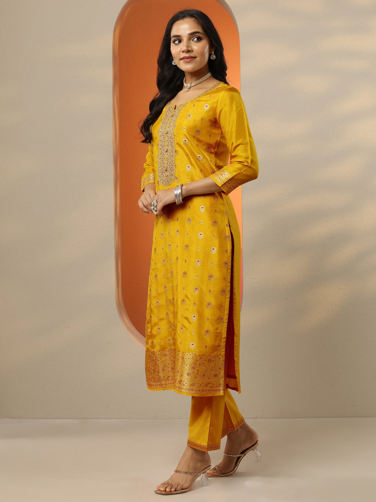 Anouk Mustard Woven Design Silk Blend Straight Suit Set With Dupatta