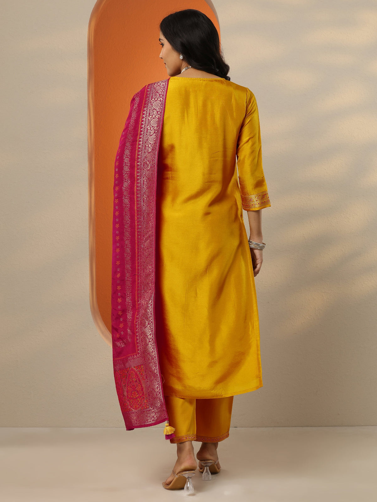 Anouk Mustard Woven Design Silk Blend Straight Suit Set With Dupatta