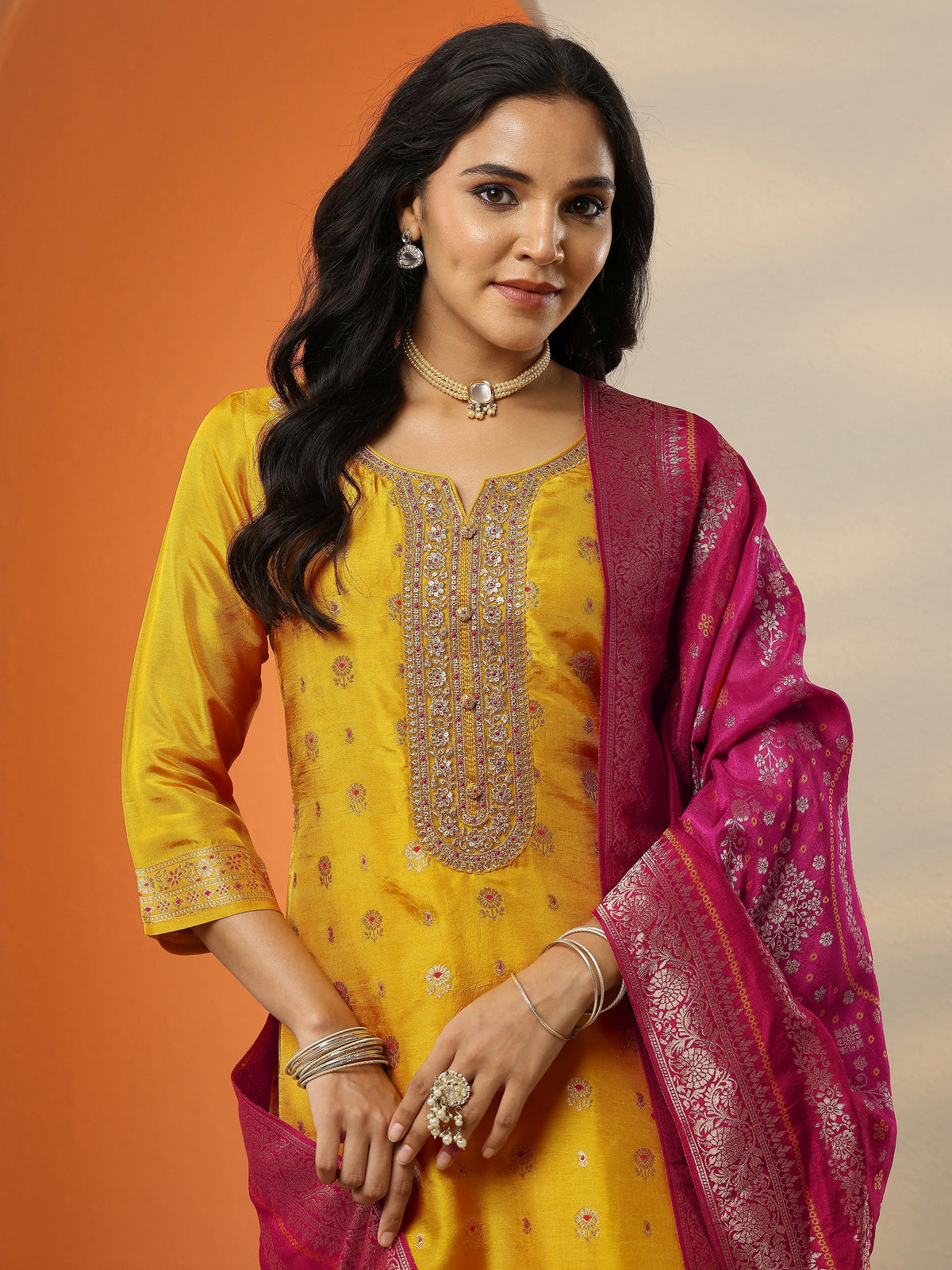 Anouk Mustard Woven Design Silk Blend Straight Suit Set With Dupatta