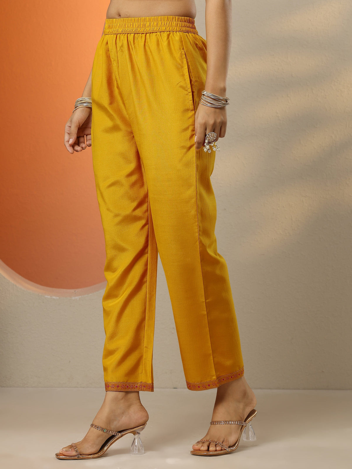 Anouk Mustard Woven Design Silk Blend Straight Suit Set With Dupatta