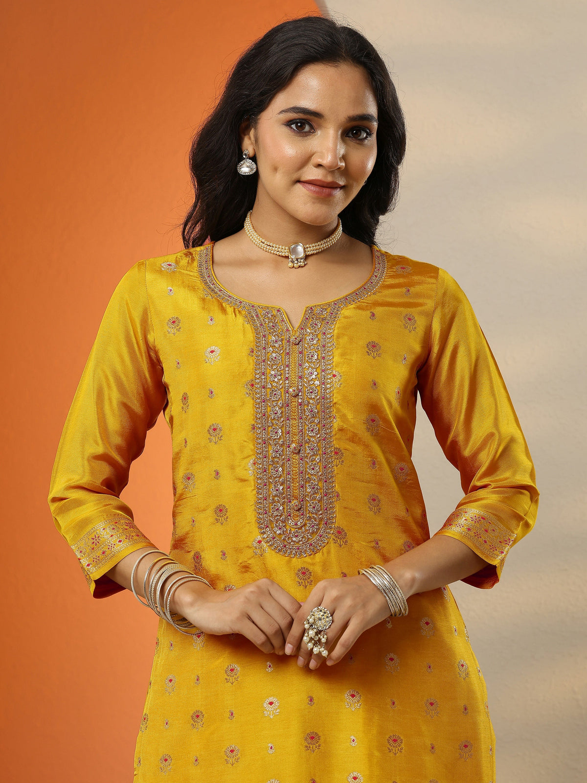 Anouk Mustard Woven Design Silk Blend Straight Suit Set With Dupatta