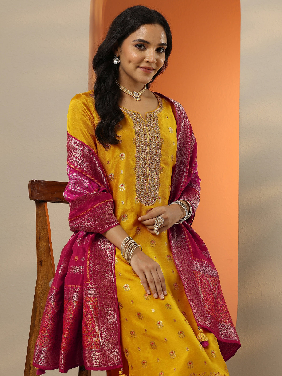 Anouk Mustard Woven Design Silk Blend Straight Suit Set With Dupatta