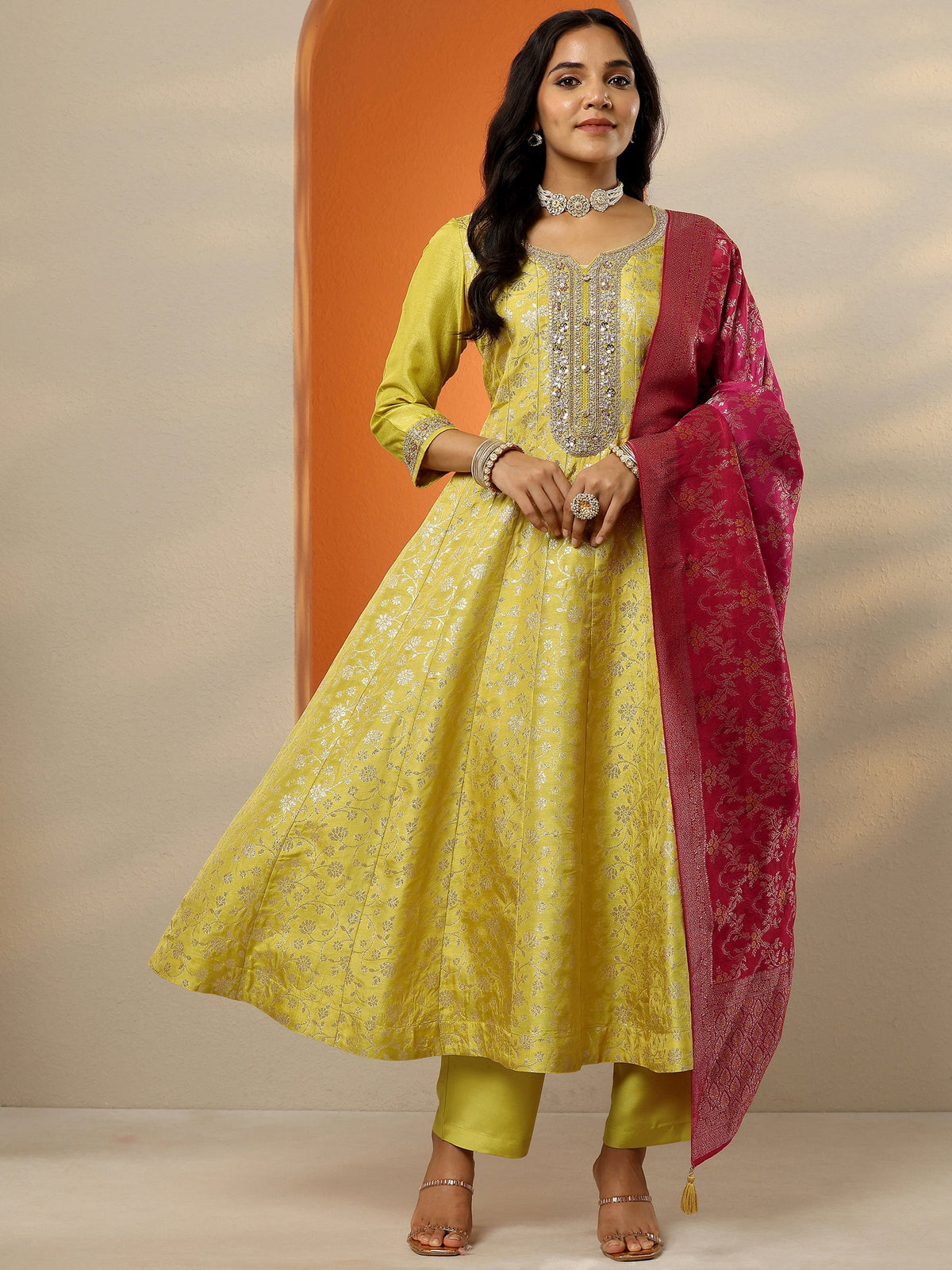 Anouk Yellow Woven Design Silk Blend Anarkali Suit Set With Dupatta