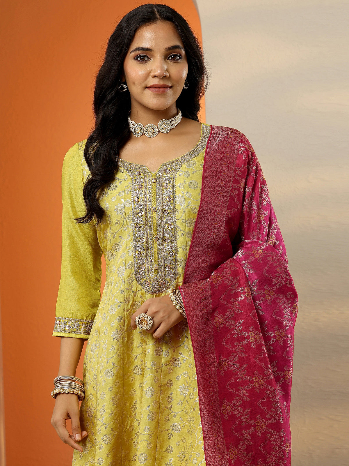 Anouk Yellow Woven Design Silk Blend Anarkali Suit Set With Dupatta