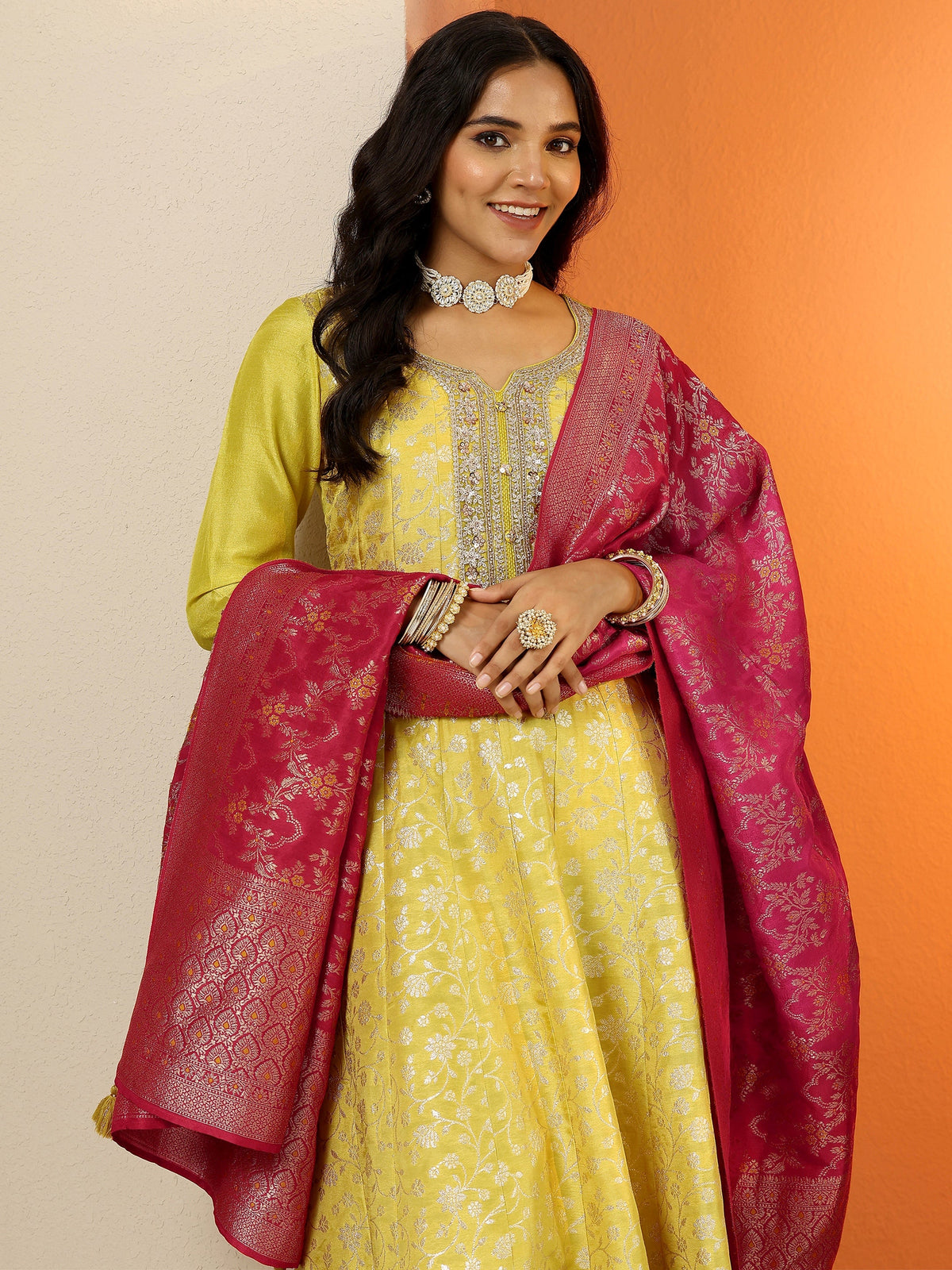 Anouk Yellow Woven Design Silk Blend Anarkali Suit Set With Dupatta