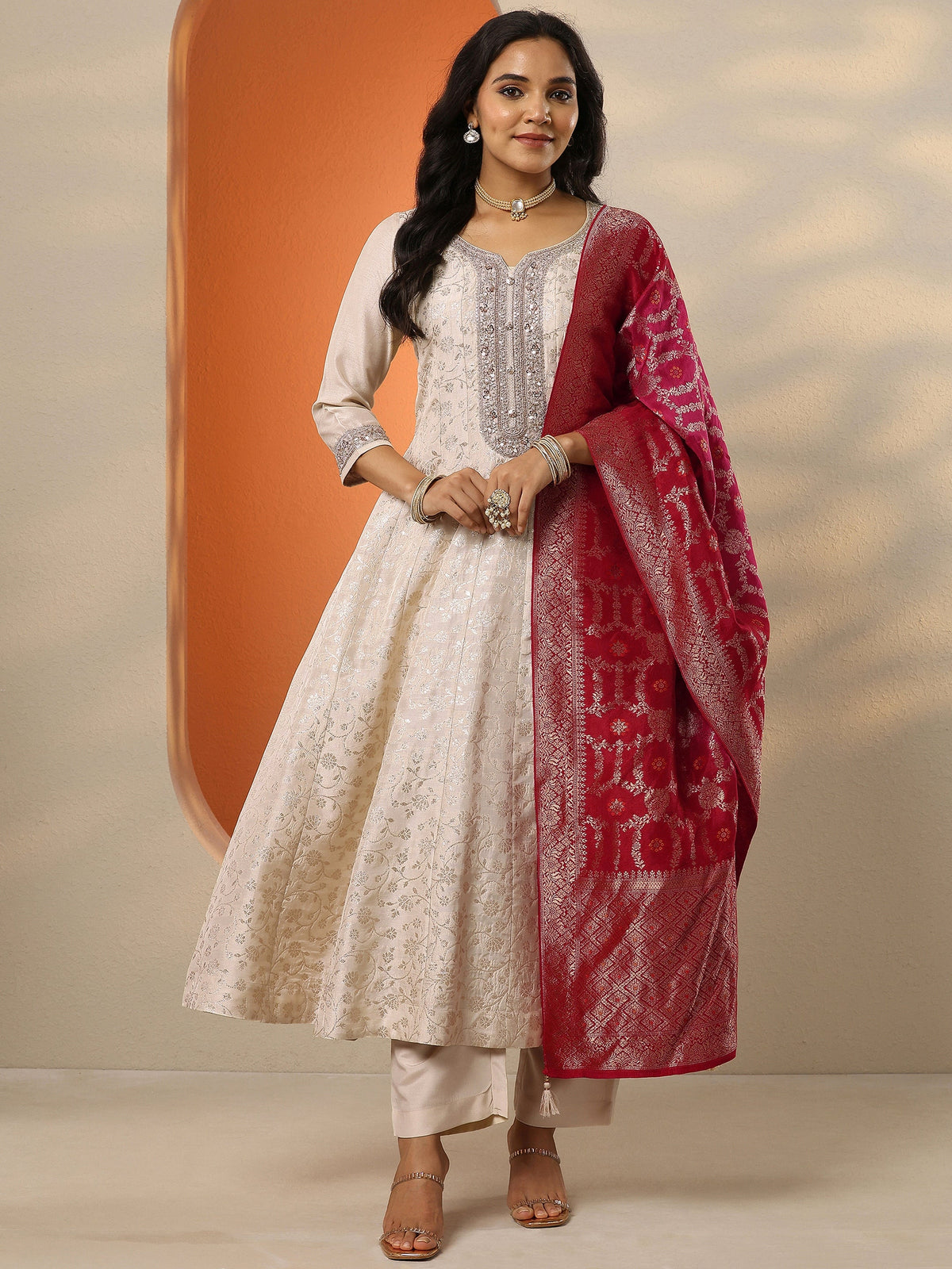 Anouk Off White Woven Design Silk Blend Anarkali Suit Set With Dupatta