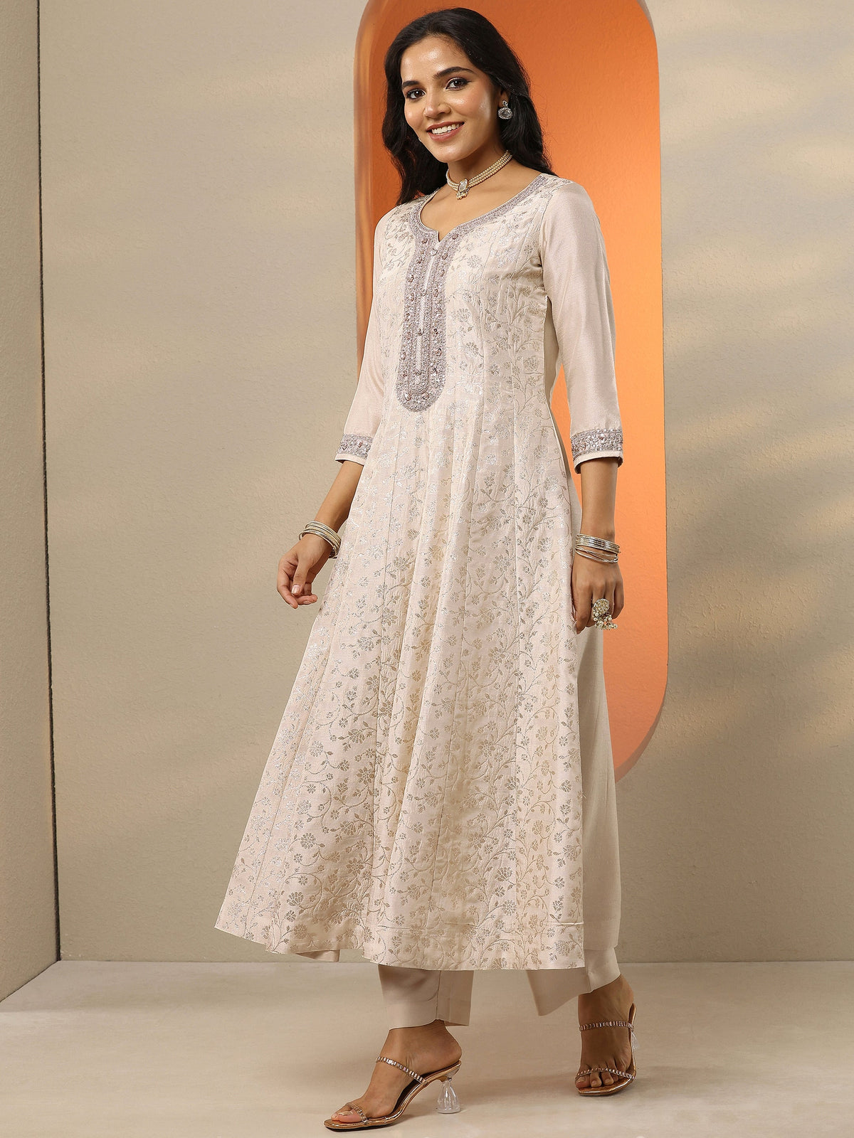 Anouk Off White Woven Design Silk Blend Anarkali Suit Set With Dupatta