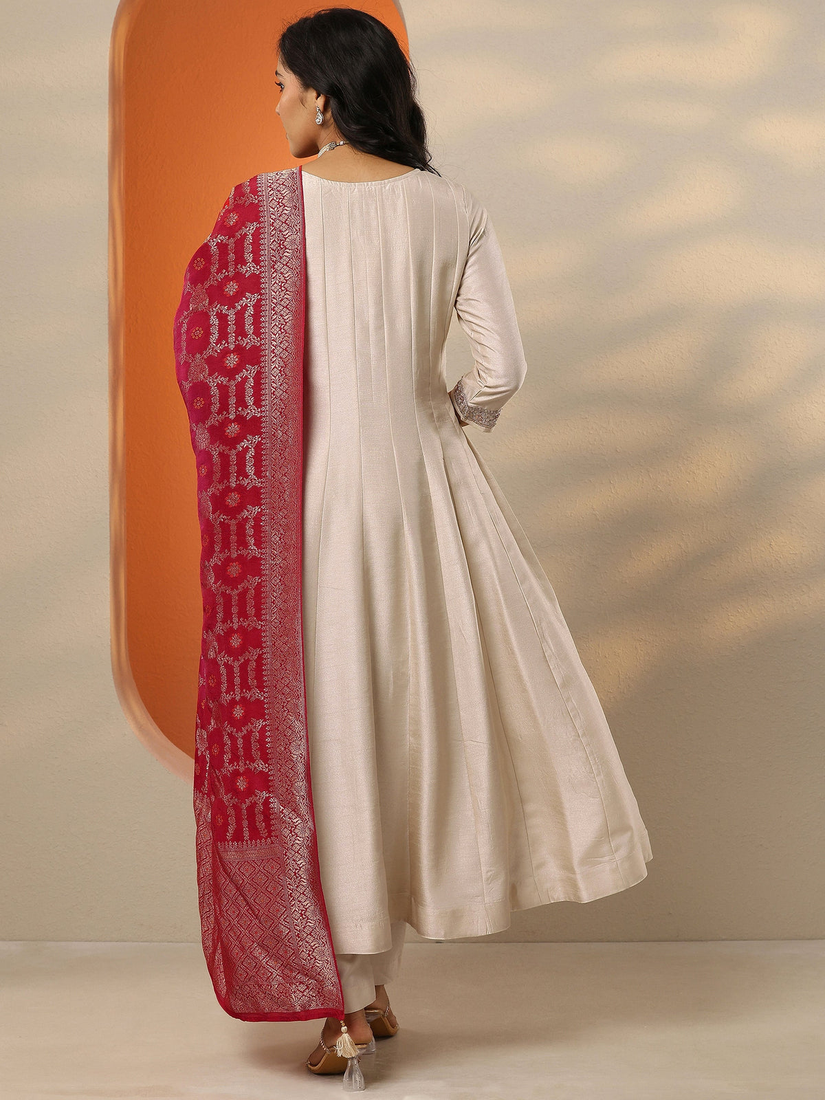 Anouk Off White Woven Design Silk Blend Anarkali Suit Set With Dupatta
