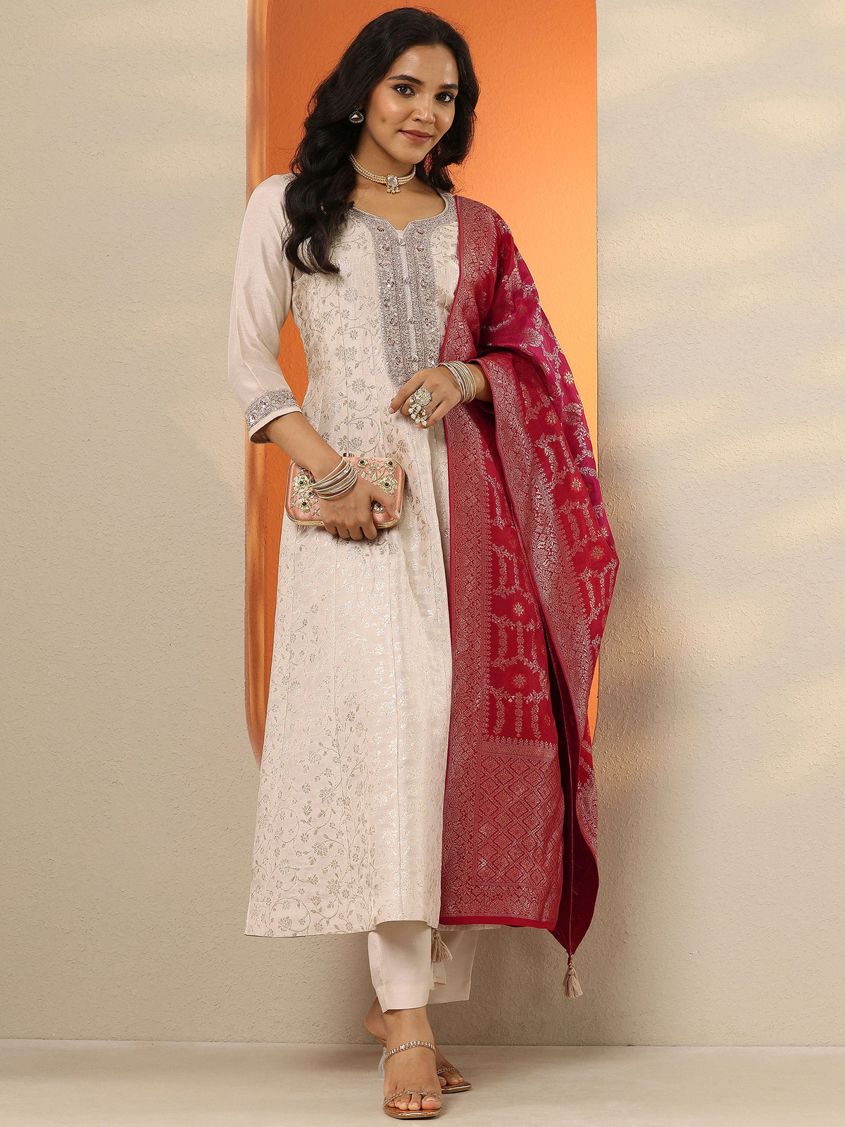 Anouk Off White Woven Design Silk Blend Anarkali Suit Set With Dupatta