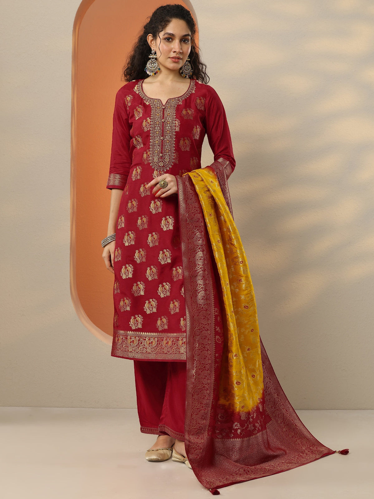 Anouk Red Woven Design Silk Blend Straight Suit Set With Dupatta