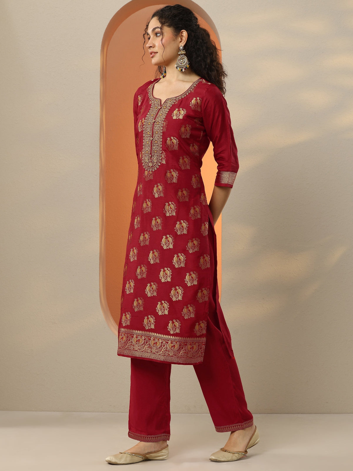 Anouk Red Woven Design Silk Blend Straight Suit Set With Dupatta