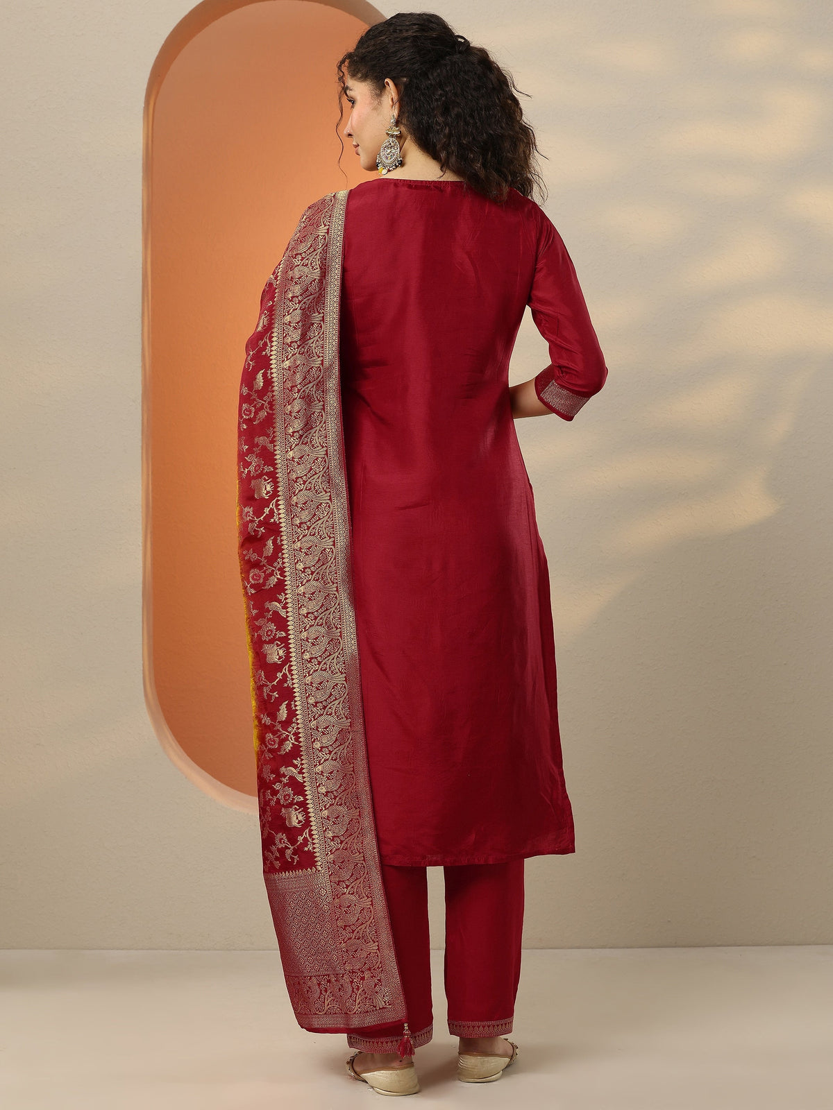 Anouk Red Woven Design Silk Blend Straight Suit Set With Dupatta