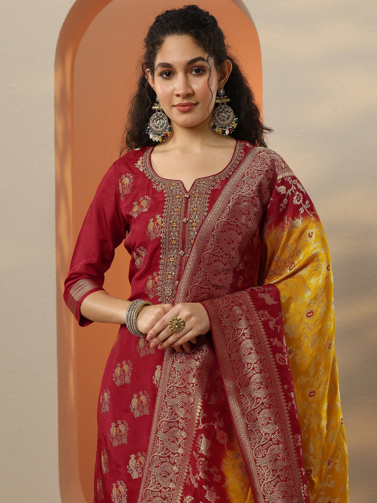 Anouk Red Woven Design Silk Blend Straight Suit Set With Dupatta