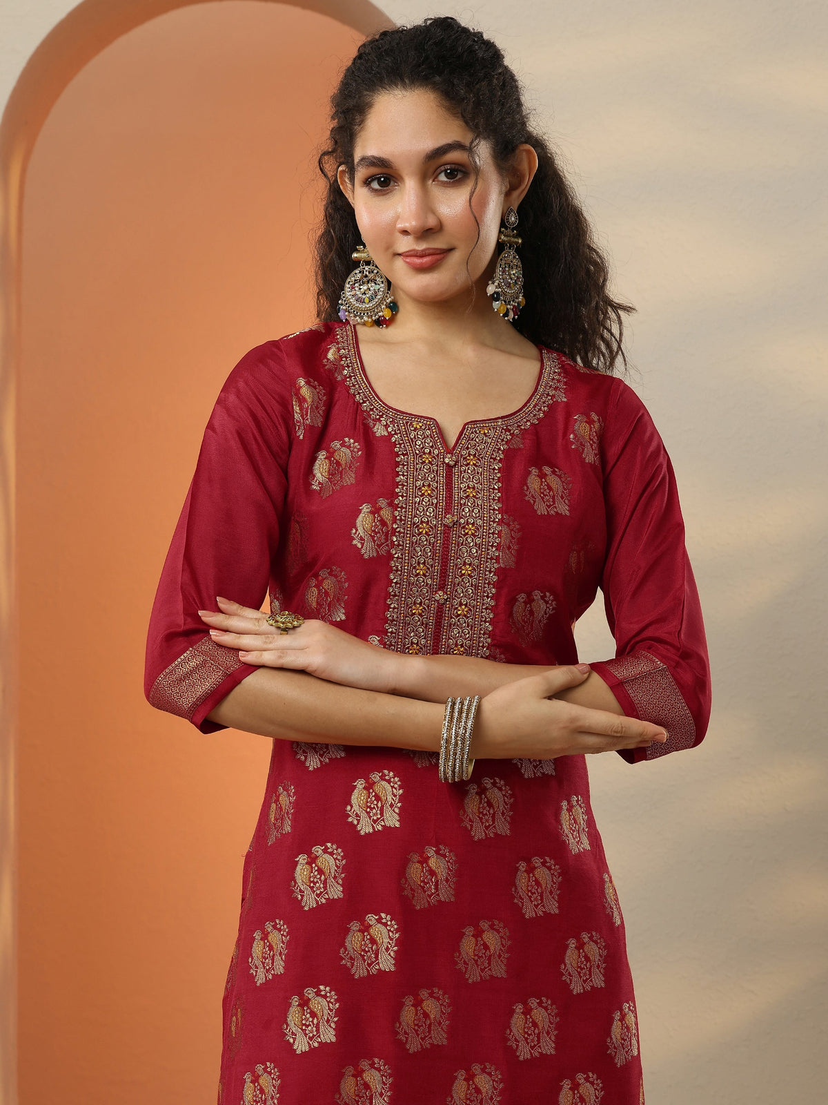 Anouk Red Woven Design Silk Blend Straight Suit Set With Dupatta