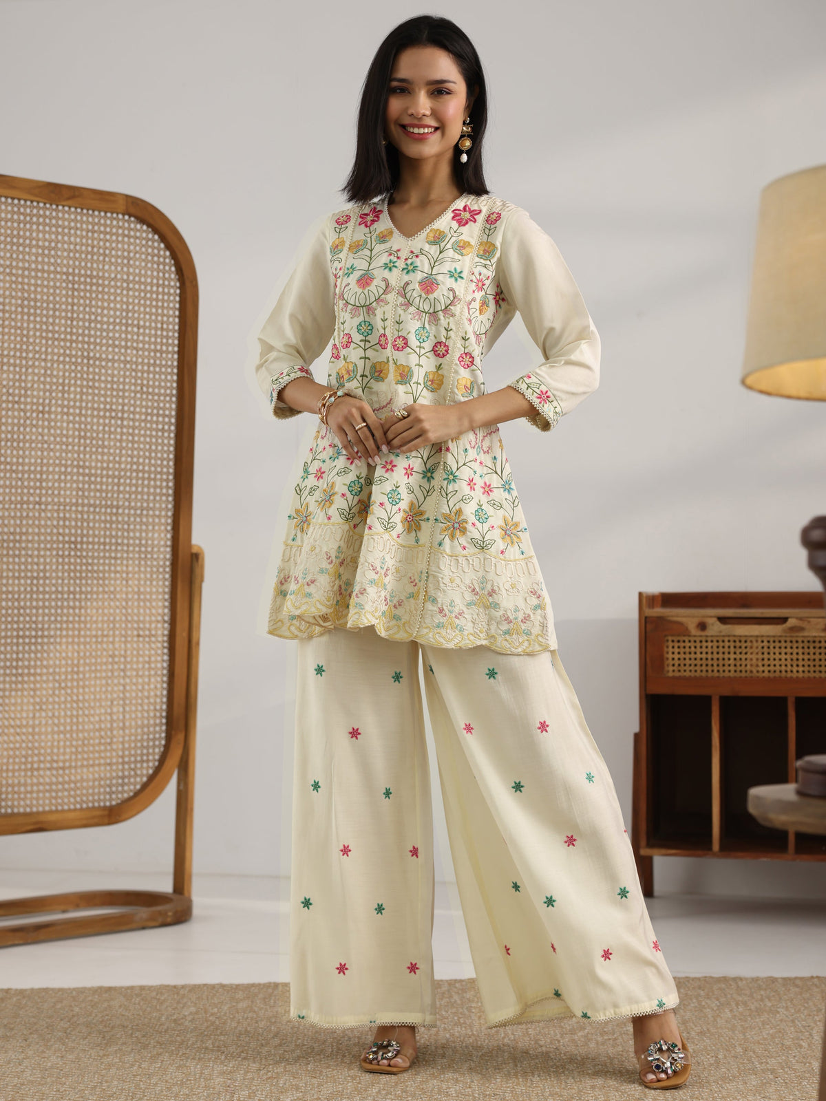 Anouk Off White Embroidered Silk Blend Co-Ord Sets