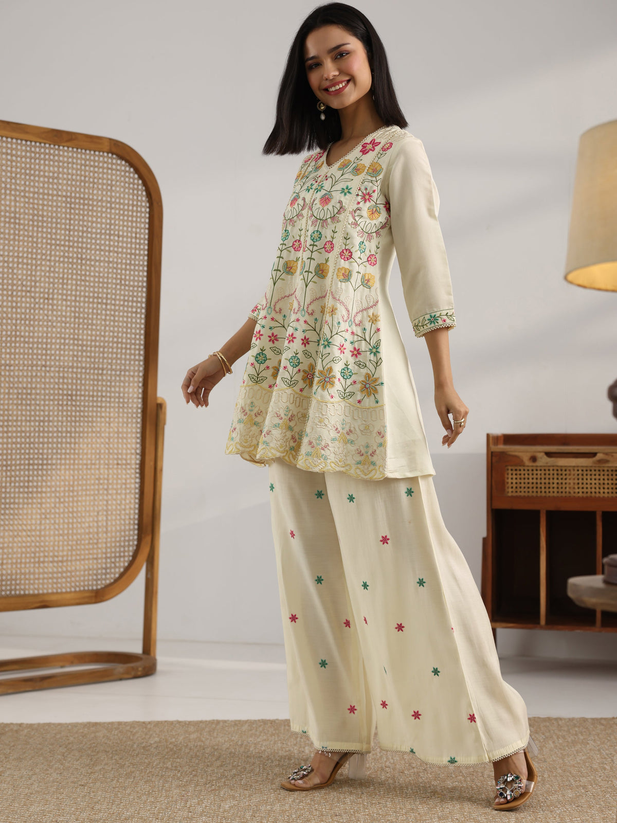 Anouk Off White Embroidered Silk Blend Co-Ord Sets