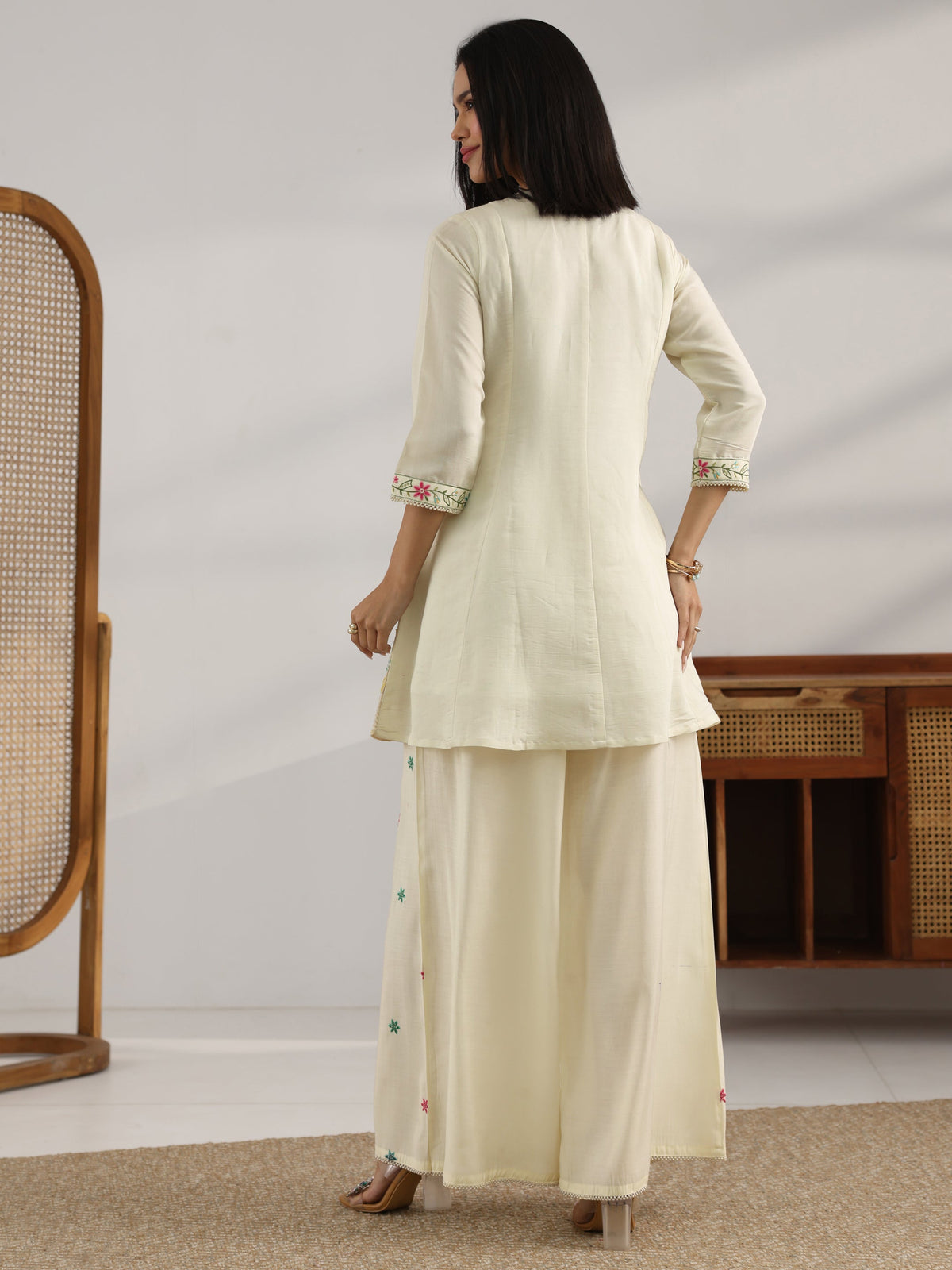 Anouk Off White Embroidered Silk Blend Co-Ord Sets