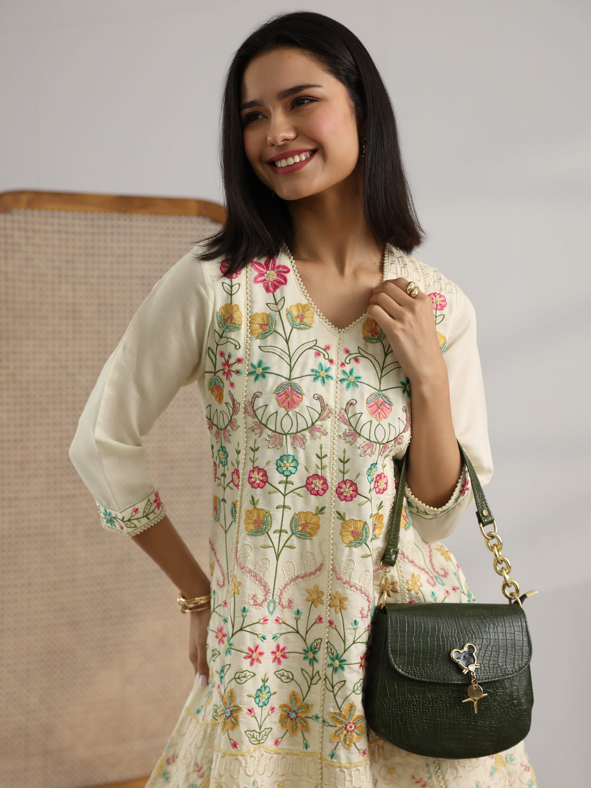 Anouk Off White Embroidered Silk Blend Co-Ord Sets
