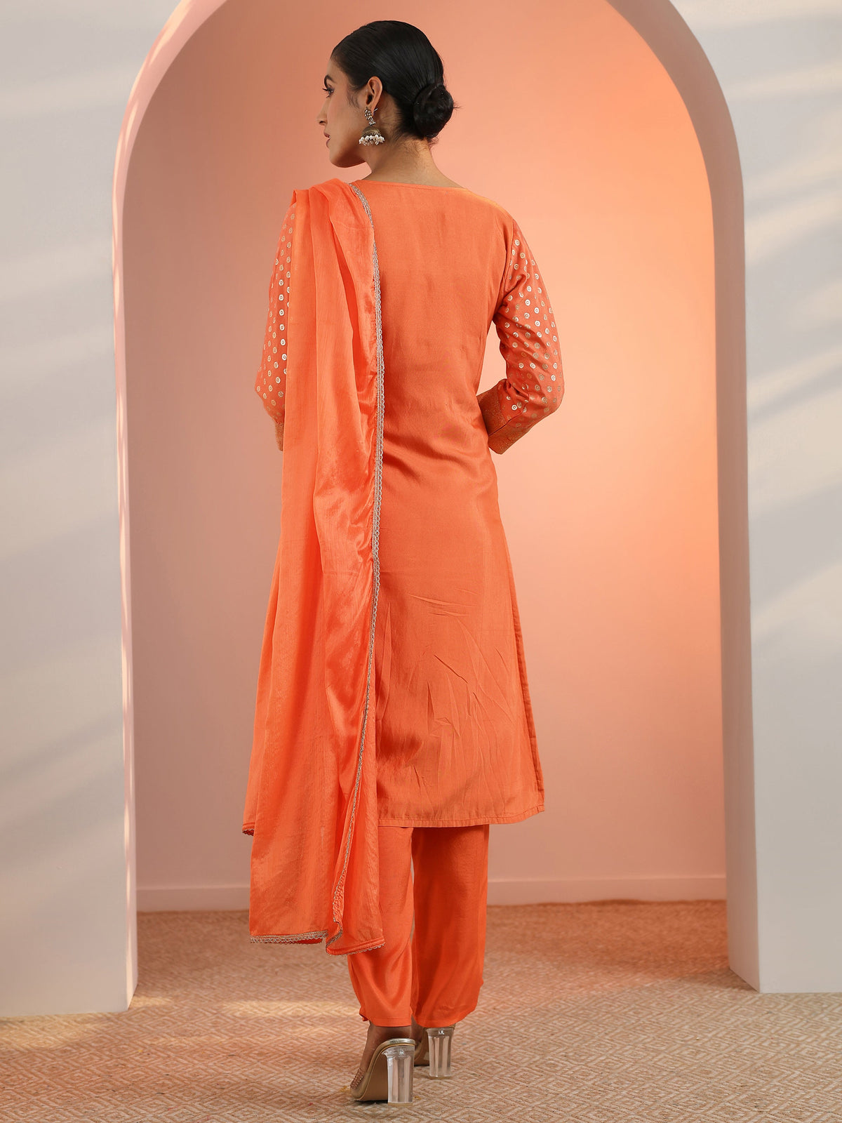 Anouk Orange Woven Design Muslin Straight Suit Set With Dupatta