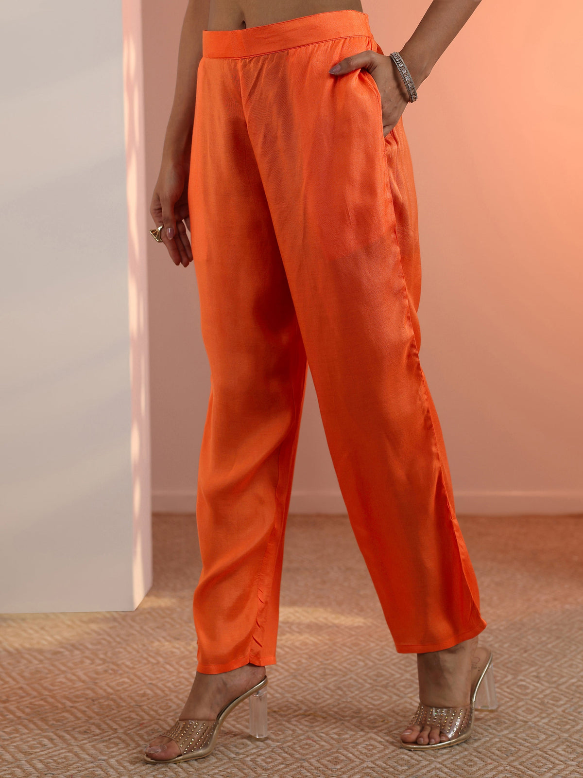 Anouk Orange Woven Design Muslin Straight Suit Set With Dupatta