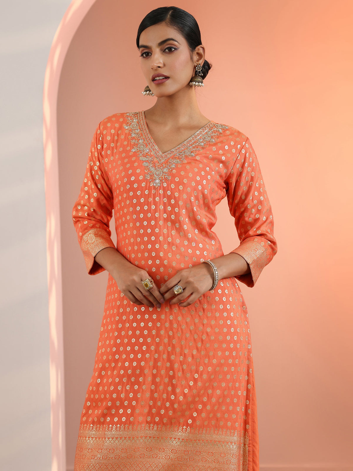 Anouk Orange Woven Design Muslin Straight Suit Set With Dupatta