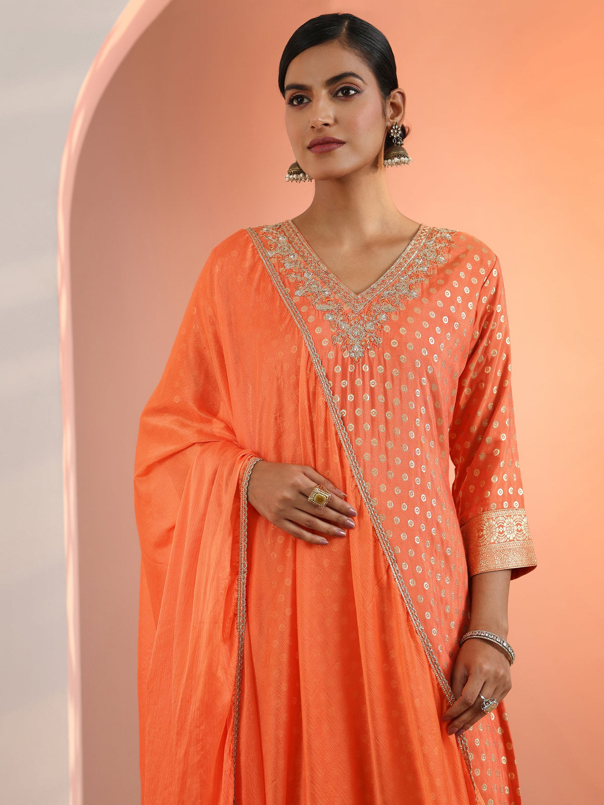Anouk Orange Woven Design Muslin Straight Suit Set With Dupatta