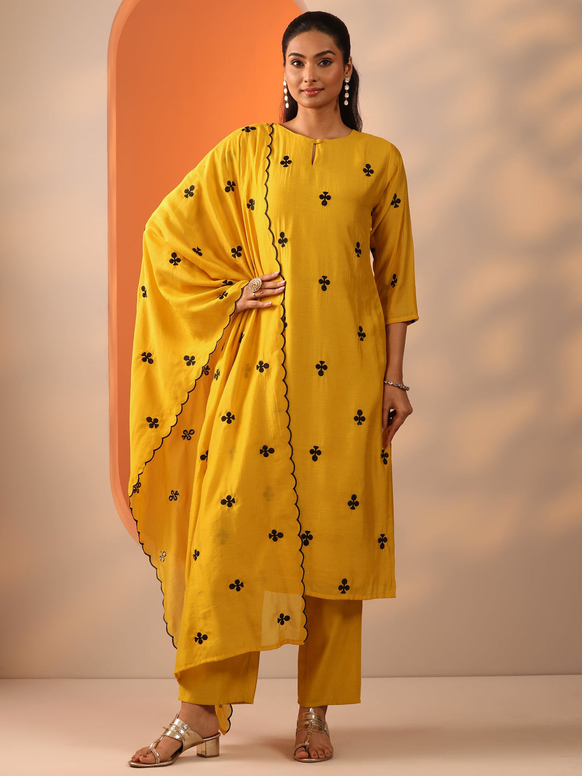 Anouk Mustard Embroidered Cotton Blend Straight Suit Set With Dupatta